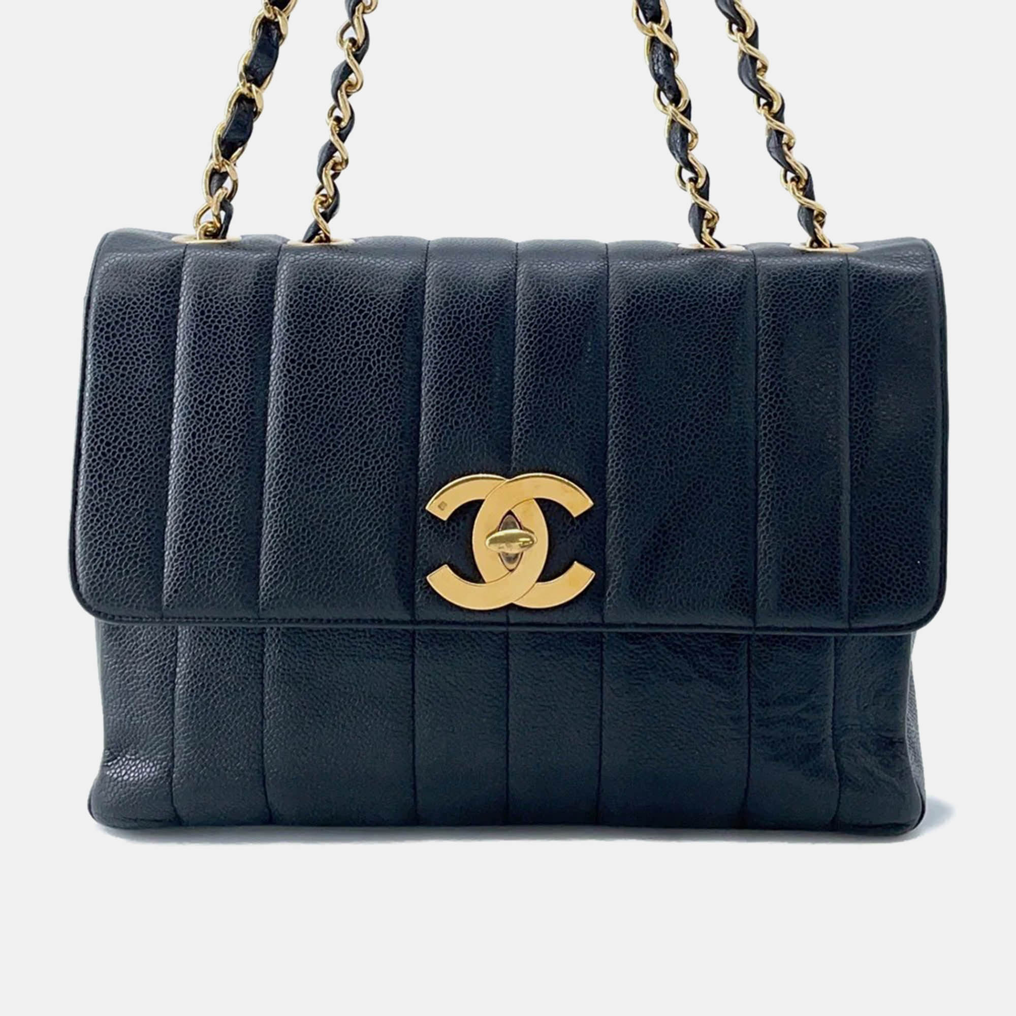 Pre Owned Chanel Mademoiselle Single Flap Chain Shoulder Bag Black Caviar Leather Size 30