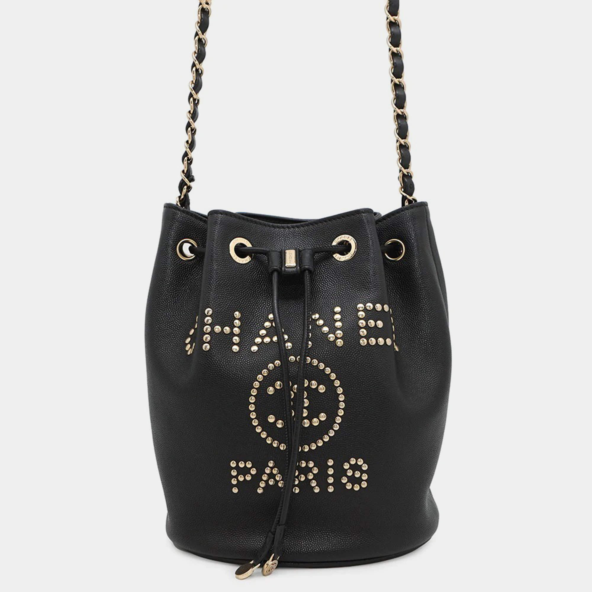 Pre Owned Chanel Deauvilleshoulder Bag Black Calf Leather