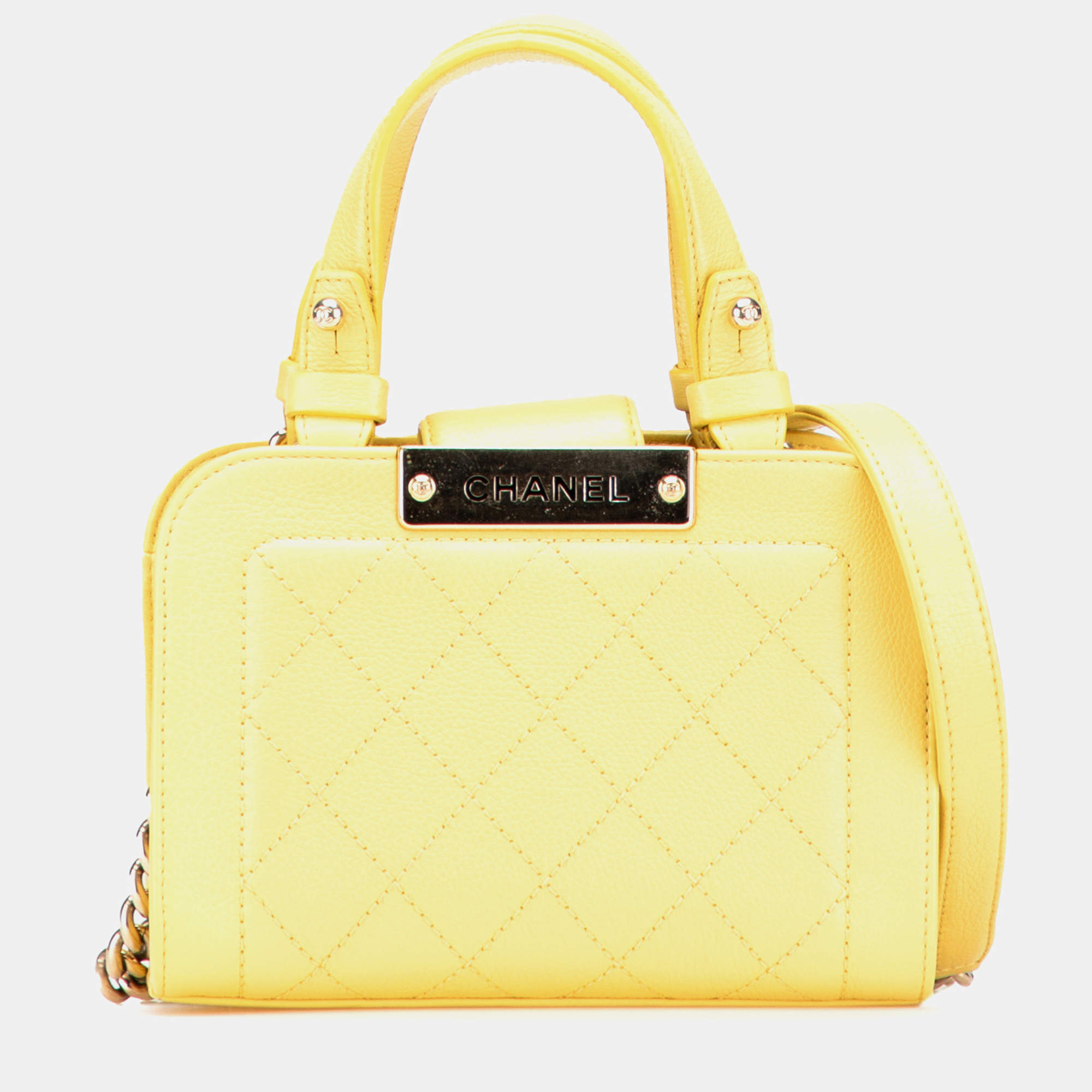 Pre Owned Chanel Yellow Mini Calfskin Label Click Shopping Tote