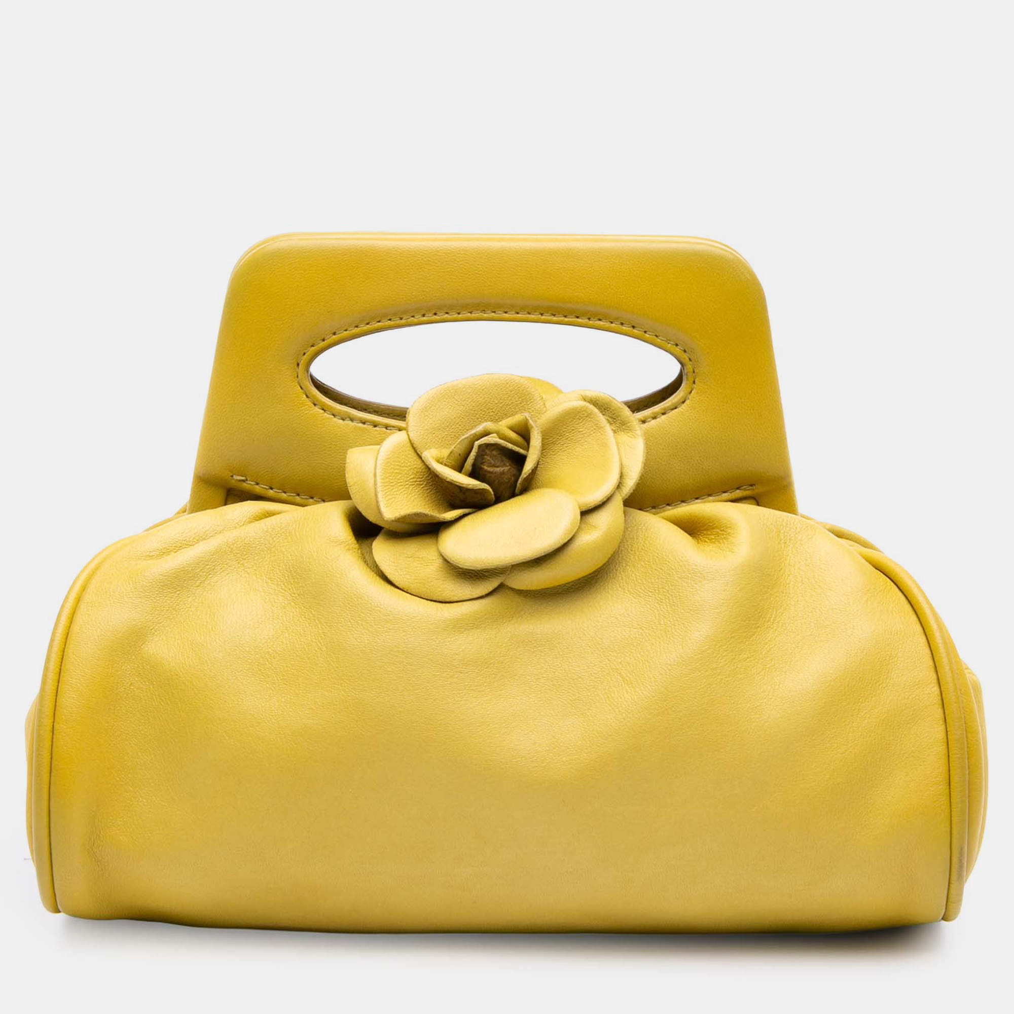 Pre Owned Chanel Yellow Lambskin Camellia Frame Clutch