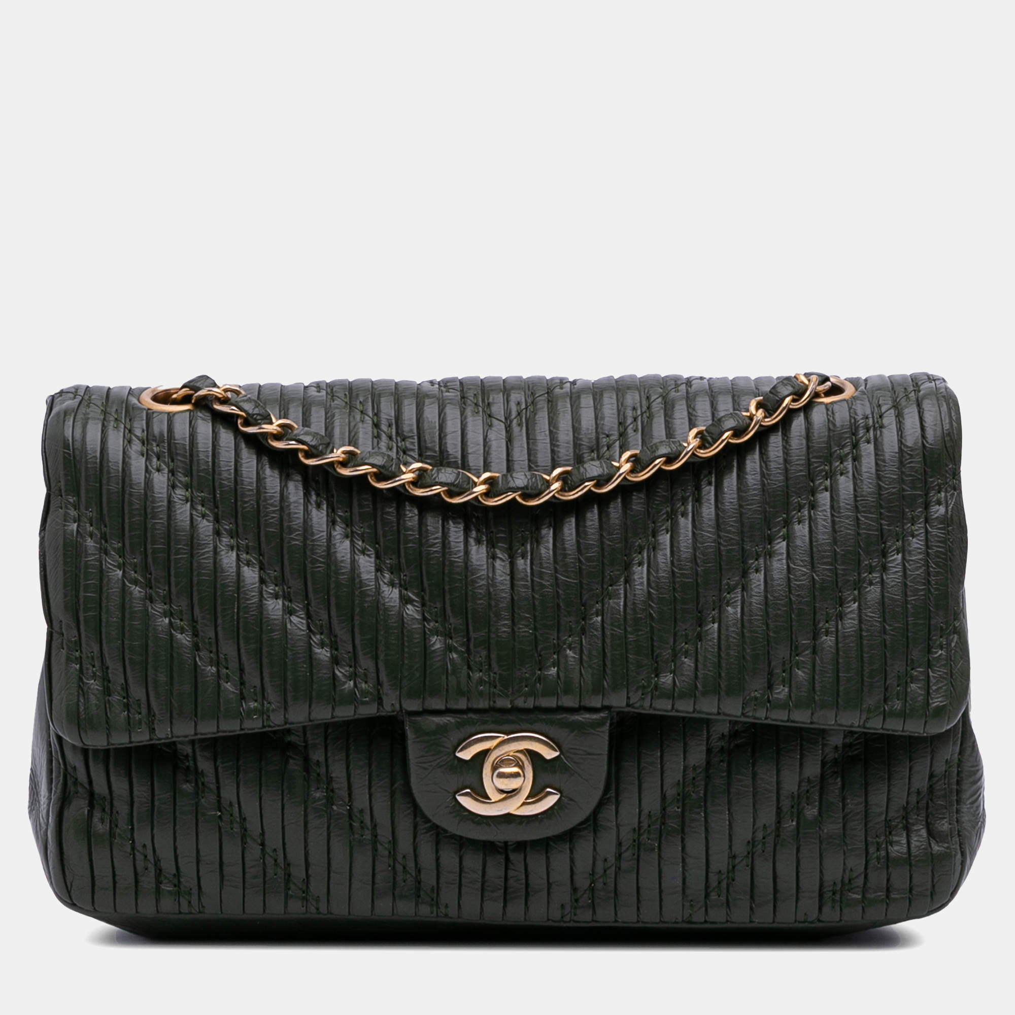 Pre Owned Chanel Black Medium Chevron Calfskin Coco Pleats Double Flap