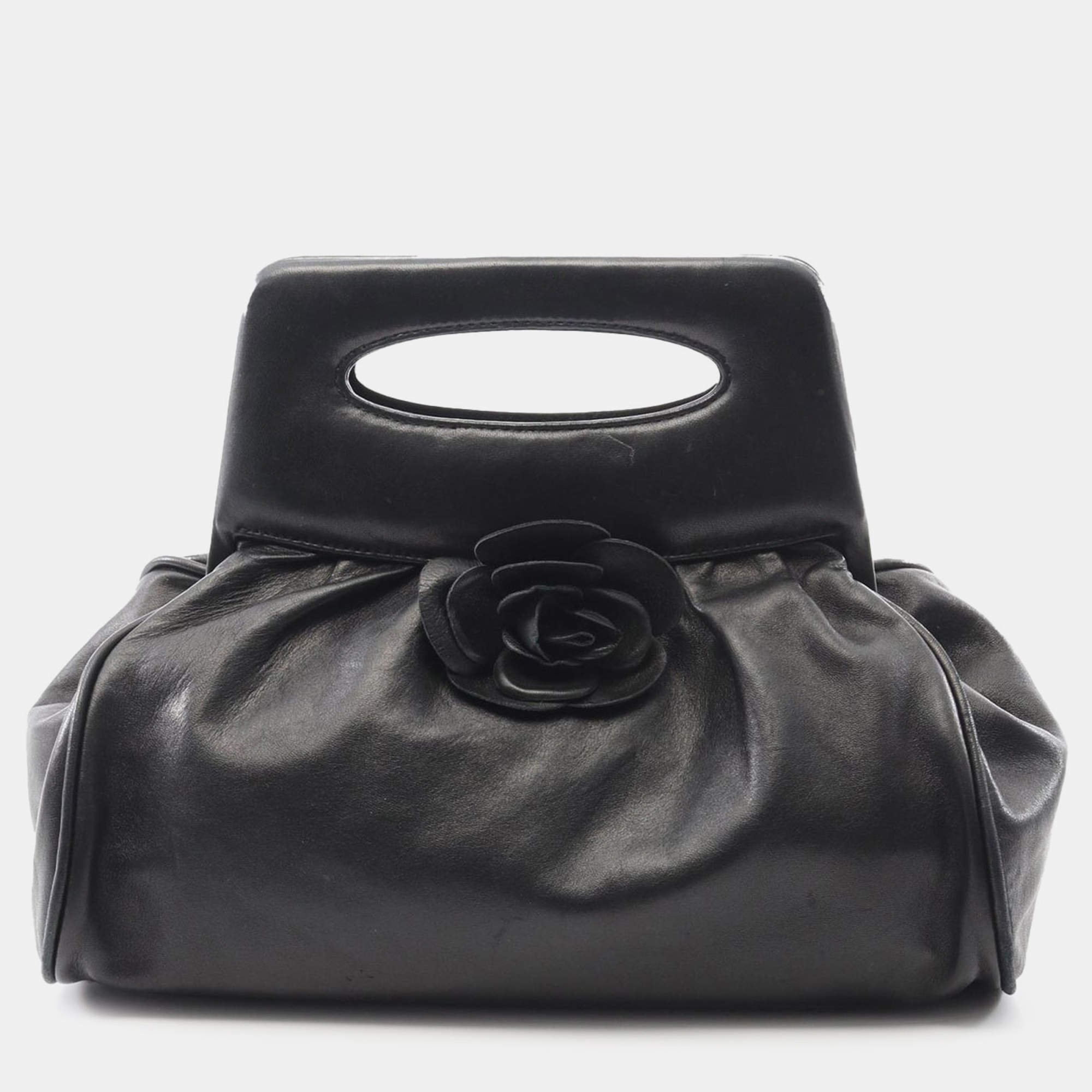 Pre Owned Chanel Black Lambskin Camellia Handbag