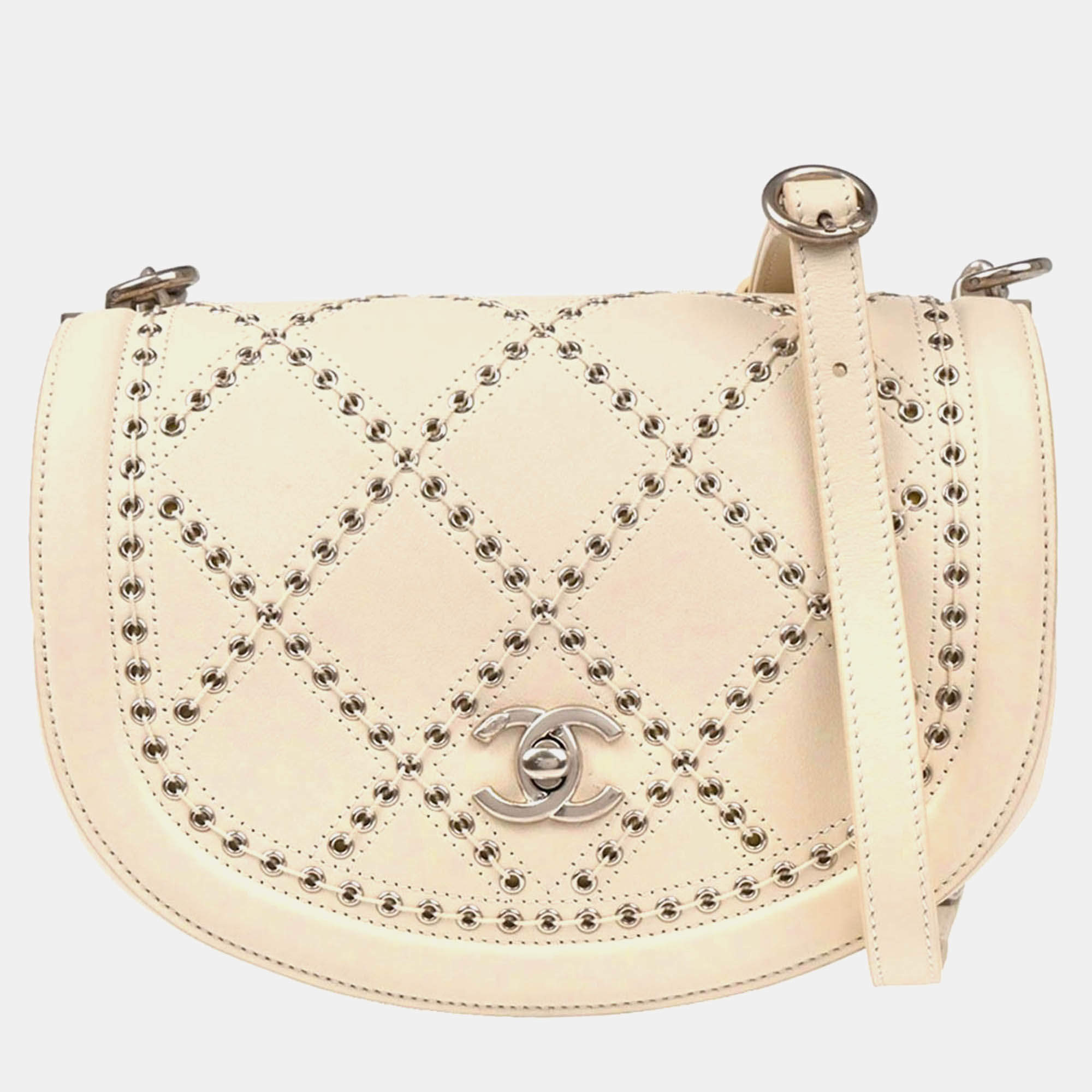 Pre Owned Chanel Coco Eyelets Round White Calfskin Flap Shoulder Bag