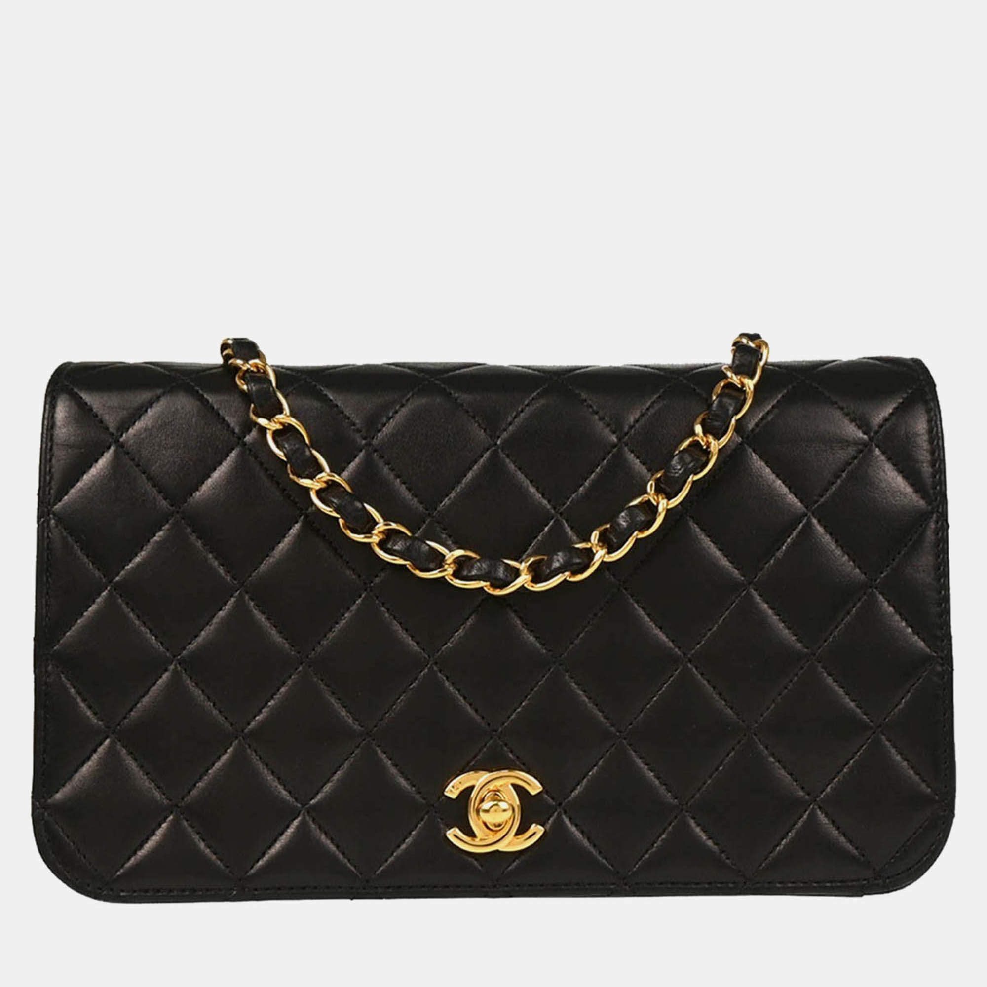 Pre Owned Chanel Turnlock Small Full Flap Black Lambskin Shoulder Bag