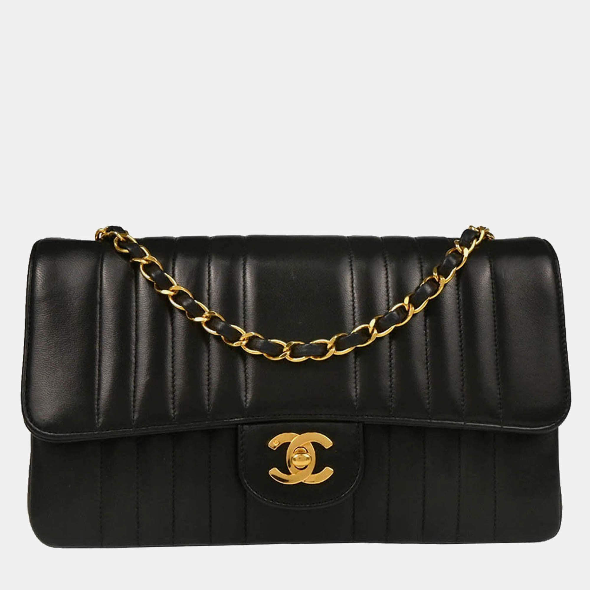 Pre Owned Chanel Mademoiselle Single Flap Black Lambskin Shoulder Bag