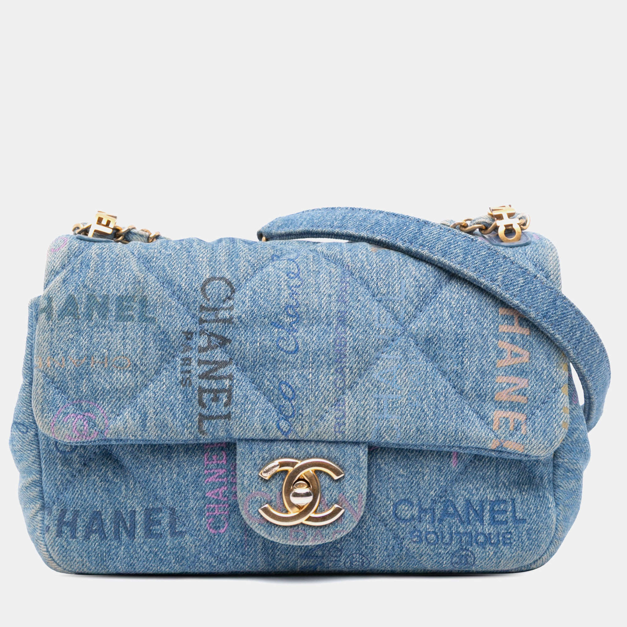 Pre Owned Chanel Blue Mini Rectangular Quilted Denim Mood Flap