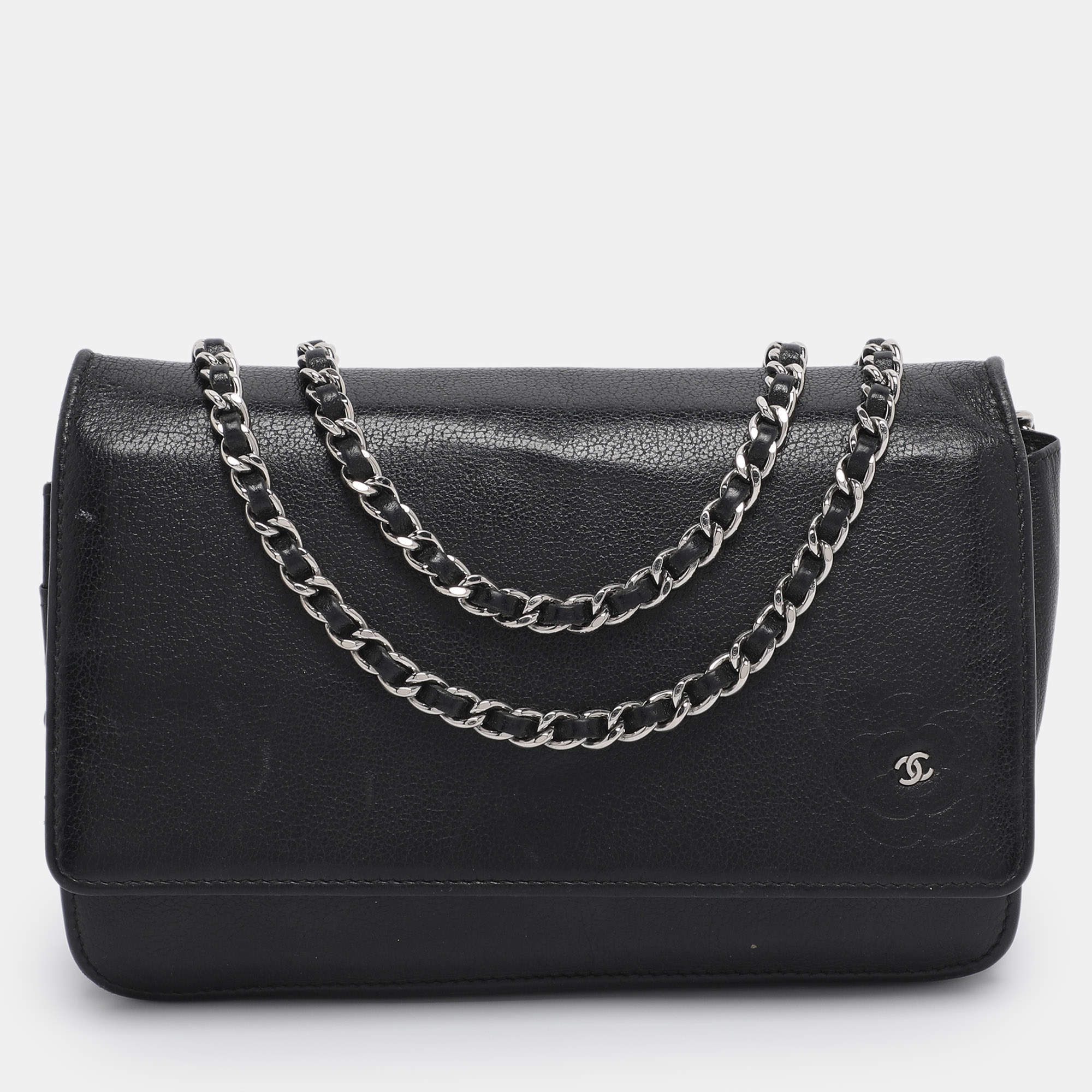 Pre Owned Chanel Black Leather CC Camellia WOC Clutch Bag