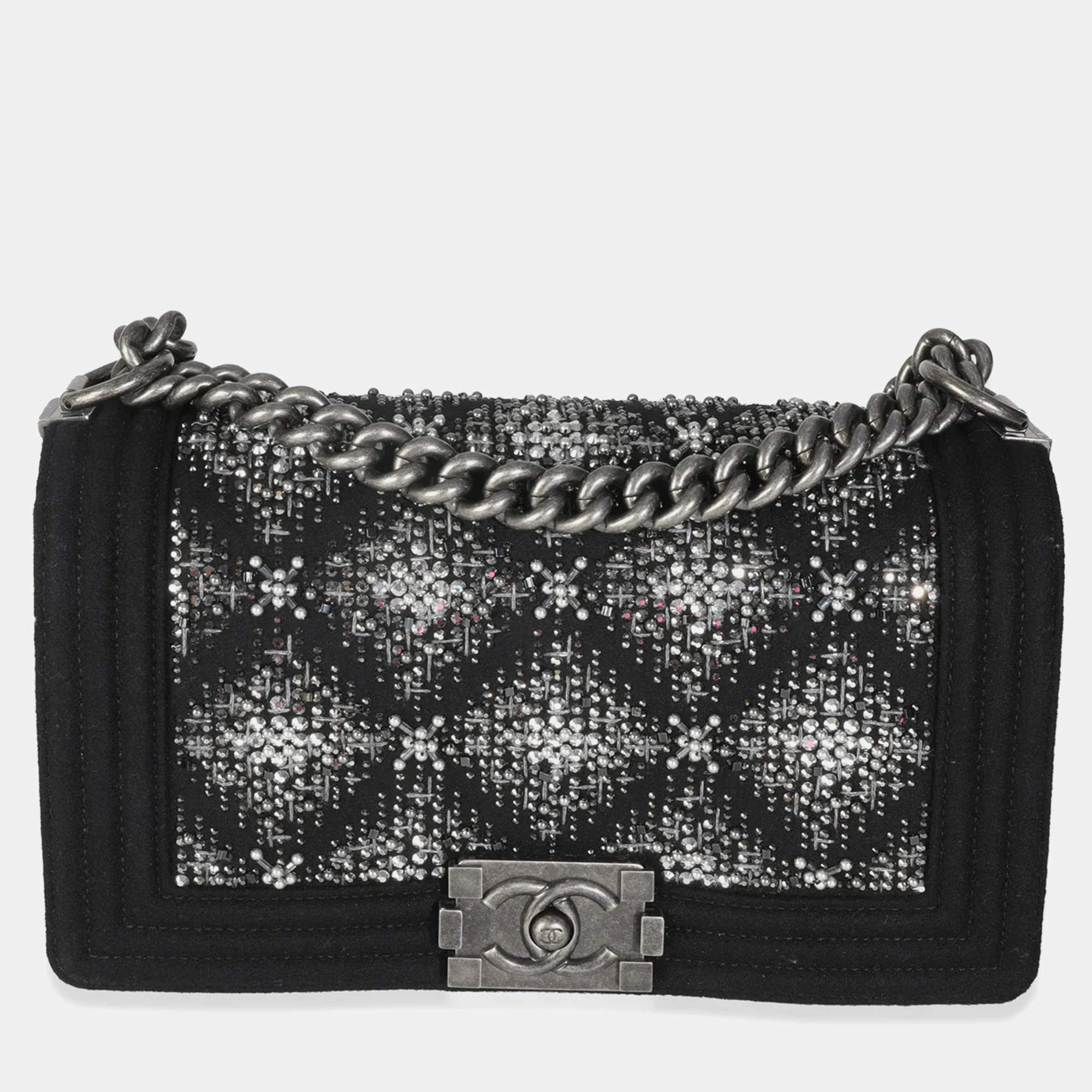 Pre Owned Chanel Black Jersey Strass Old Medium Boy Bag