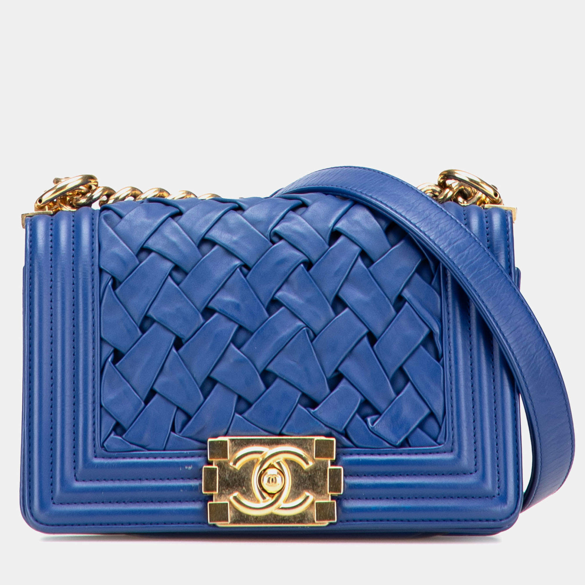 Pre Owned Chanel Blue Small Woven Lambskin Chateau Boy Flap