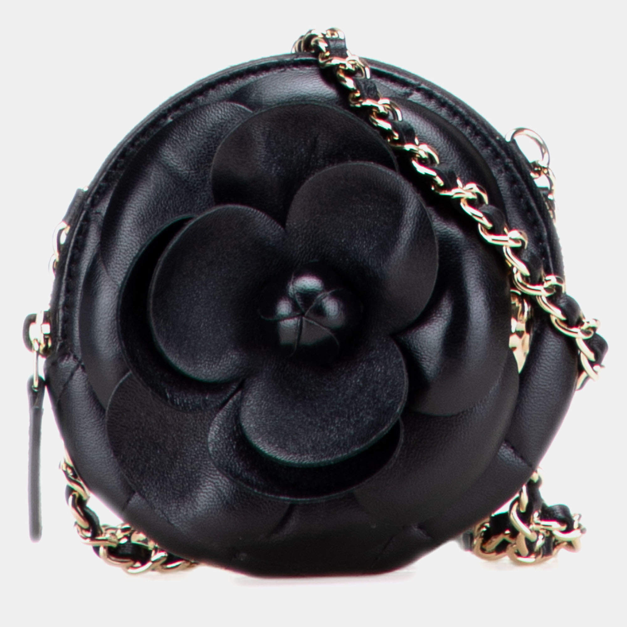 Pre Owned Chanel Black Mini CC Lambskin Camellia Bouquet Round Clutch on Chain