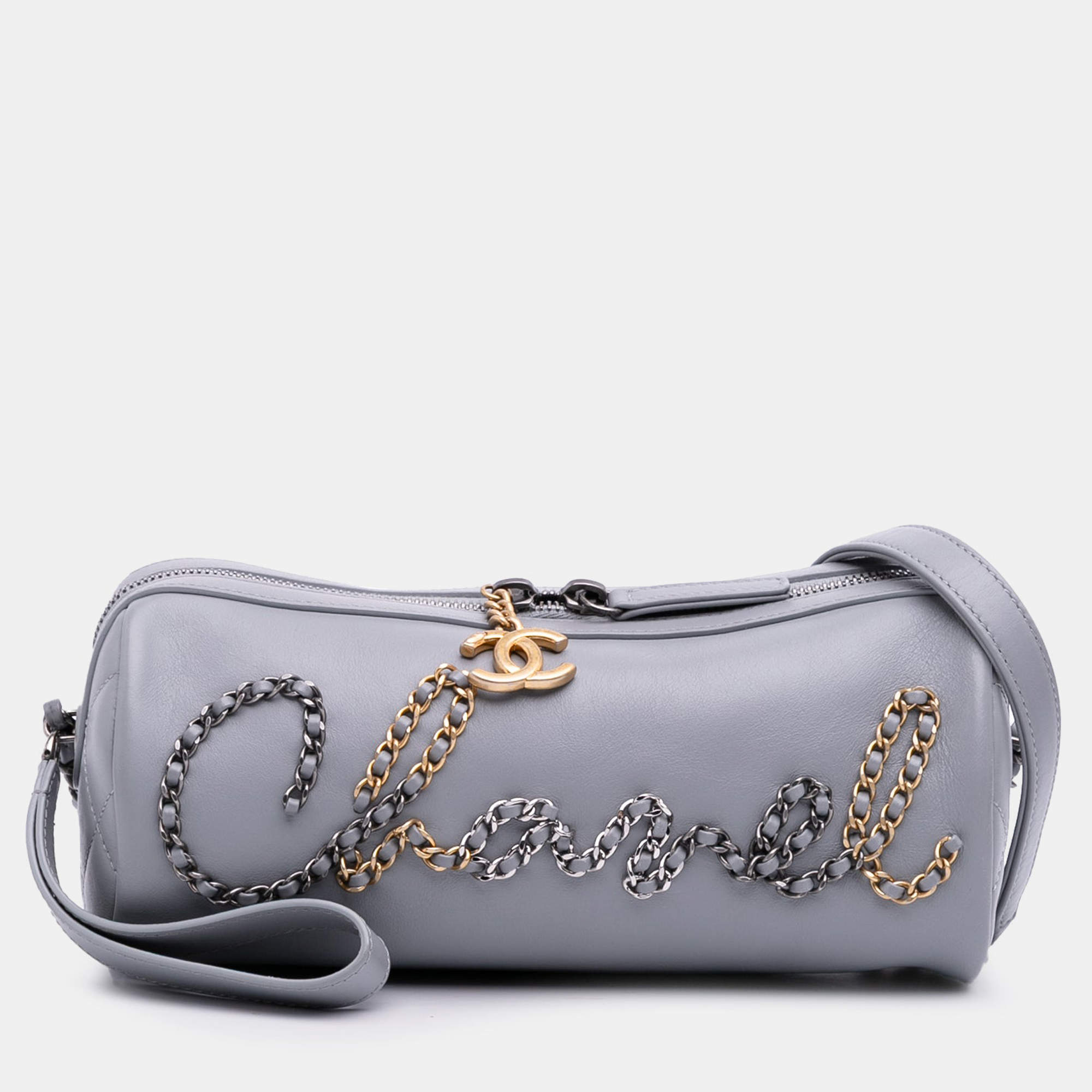 Pre Owned Chanel 20s Bowling Gray Calfskin Leather Shoulder Bag