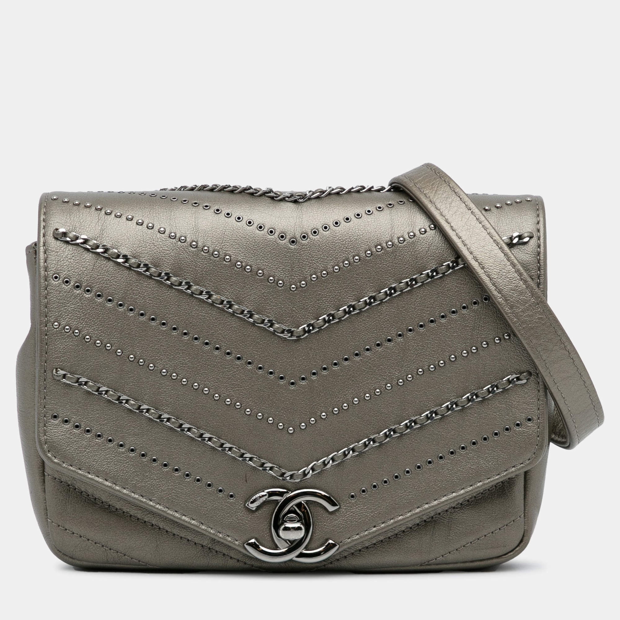 Pre Owned Chanel Chevron Square Envelop Flap Gray Embellished Calfskin Leather Shoulder Bag