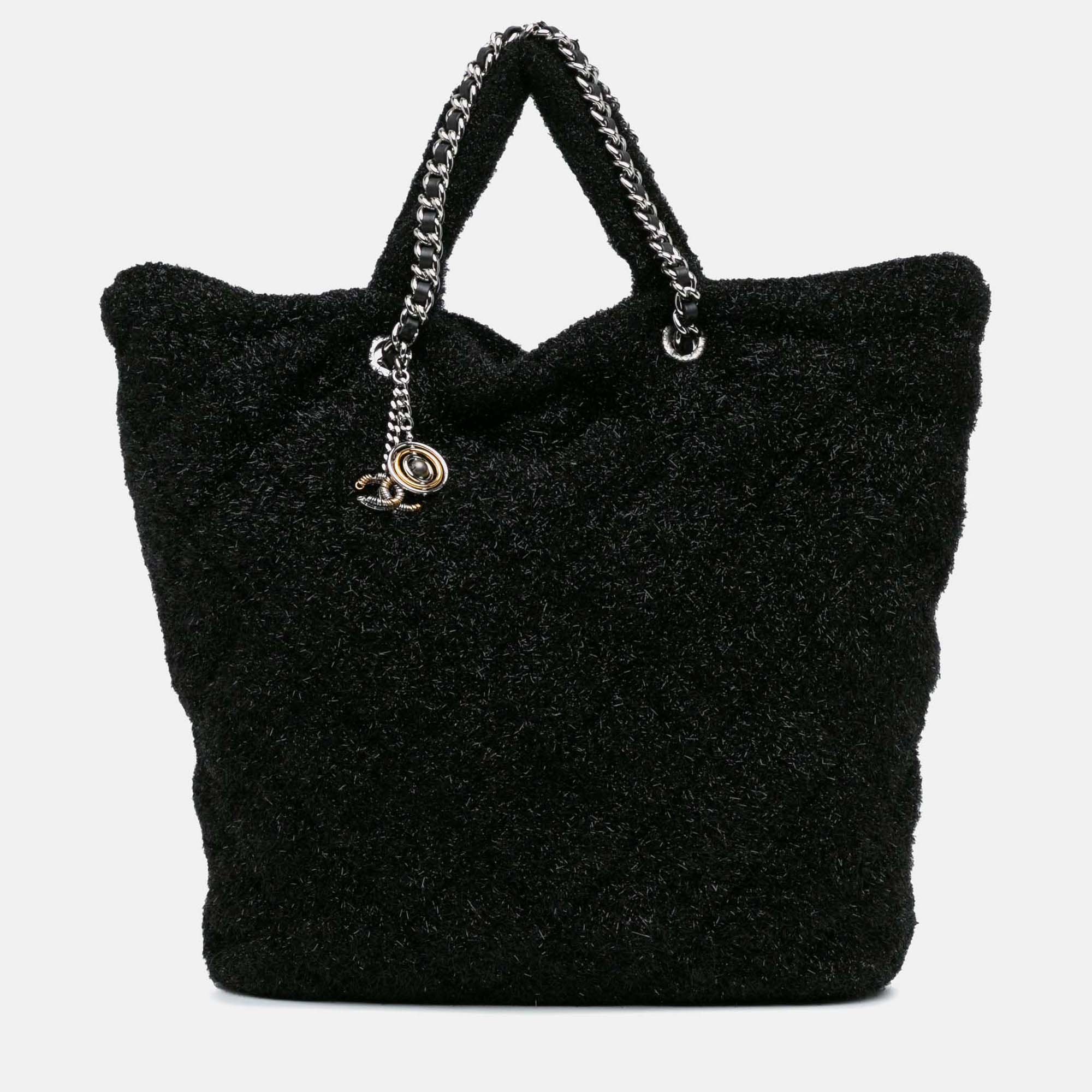 Pre Owned Chanel Pluto Glitter Large Black Quilted Knit Satchel Bag