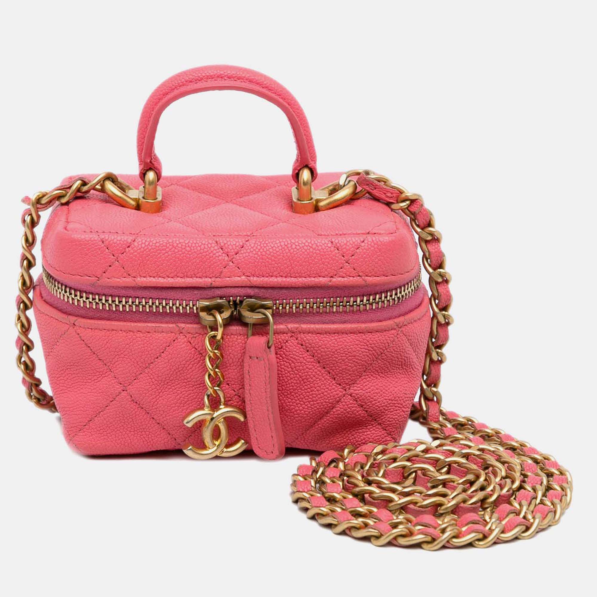 Pre Owned Chanel Vanity Micro Pink Caviar Chain Crossbody Bag