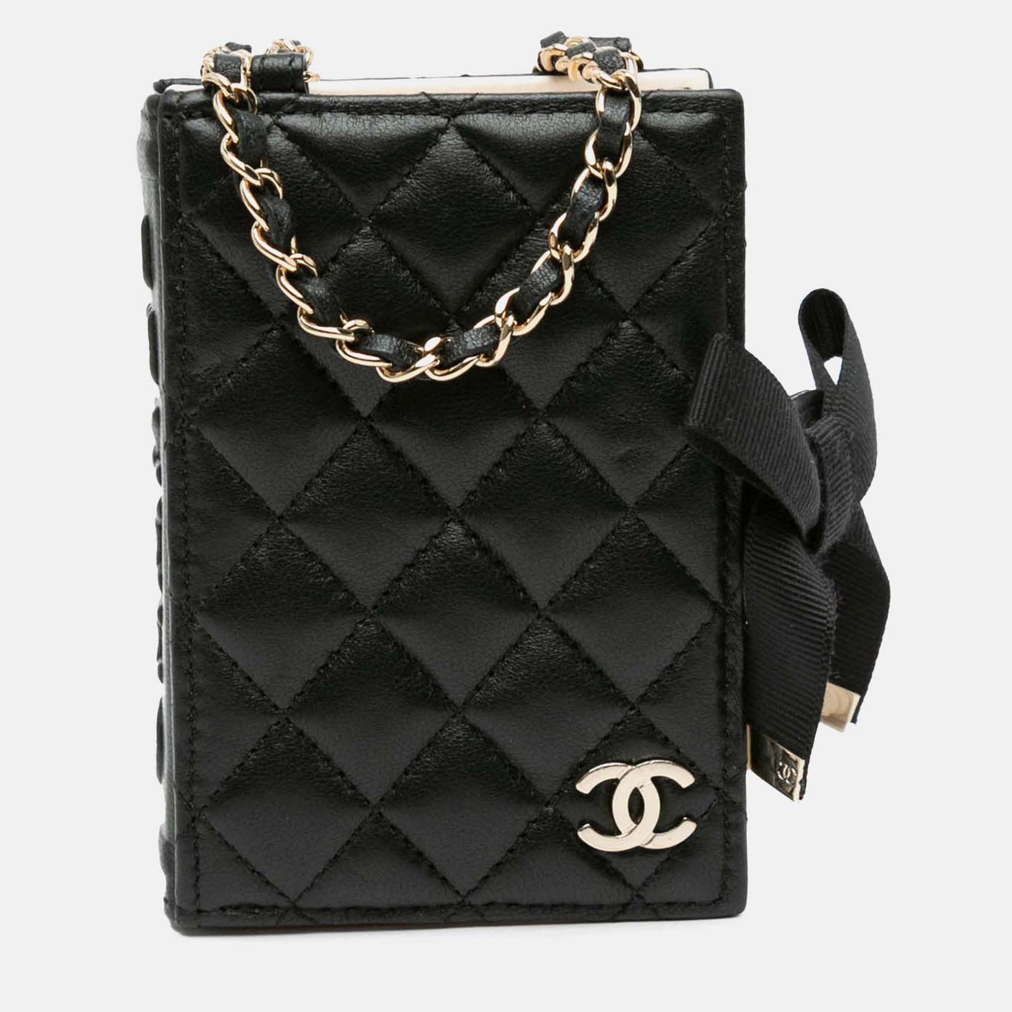Pre Owned Chanel Book Card Holder Chain Quilted Black Lambskin Shoulder Bag
