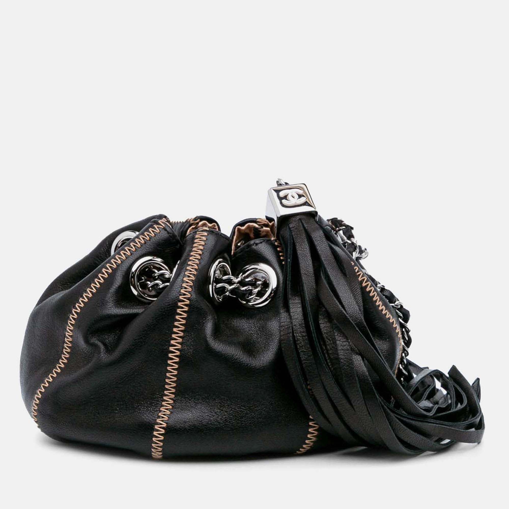 Pre Owned Chanel Sac Cordon Mini Black Lambskin Satin Reversible Shoulder Bag