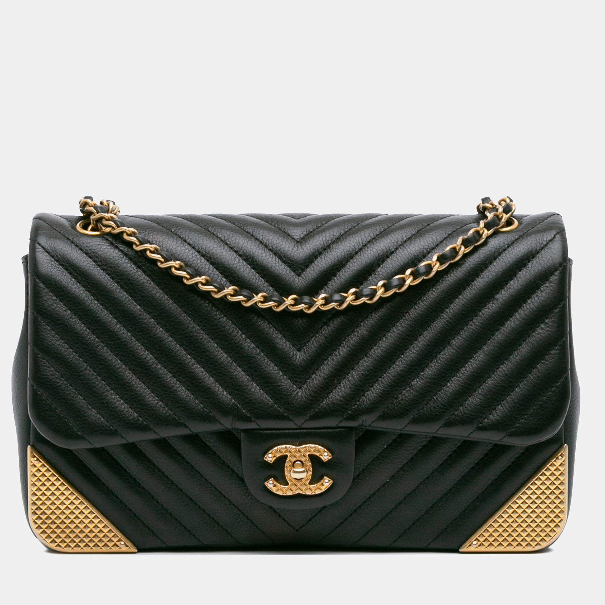 Pre Owned Chanel Black/Gold Calfskin Chevron Rock The Corner Flap Bag