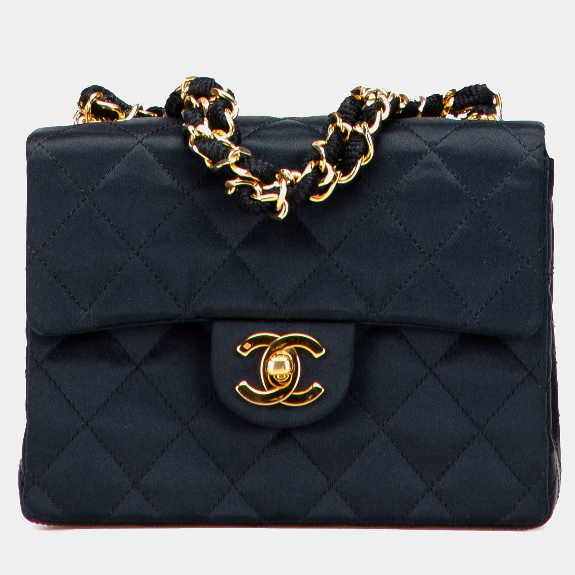 Pre Owned Chanel Black Mini Square Quilted Satin Single Flap Bag