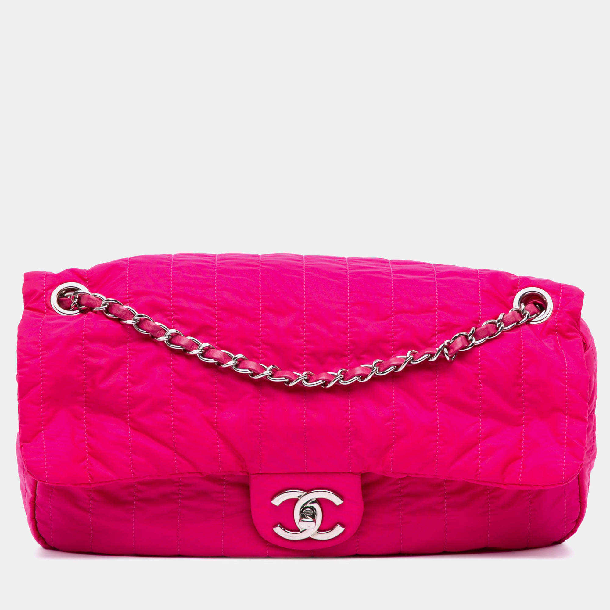 Pre Owned Chanel Pink Jumbo Quilted Nylon Soft Shell Flap