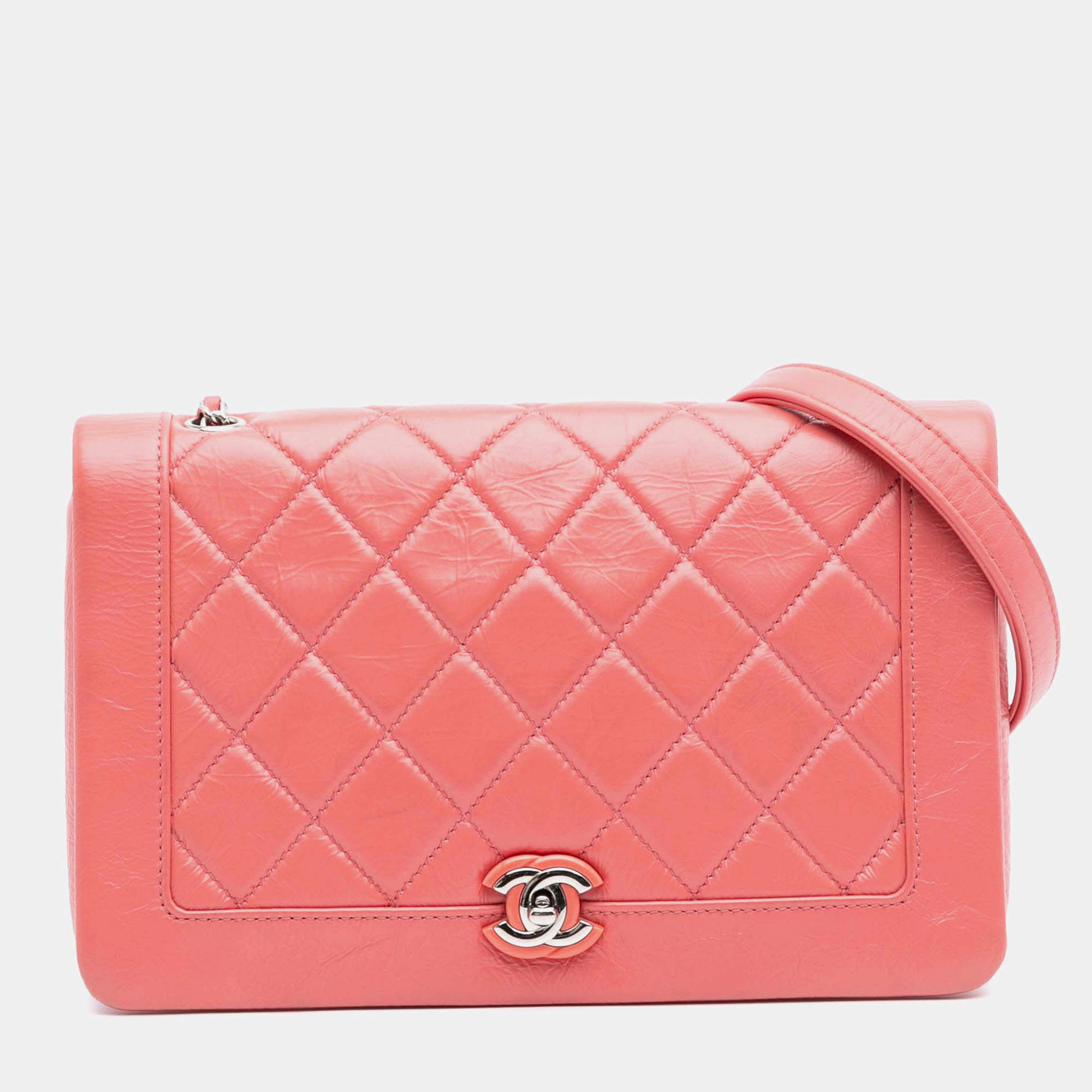 Pre Owned Chanel Pink Crumpled Calfskin Bi Quilted Vintage Full Flap