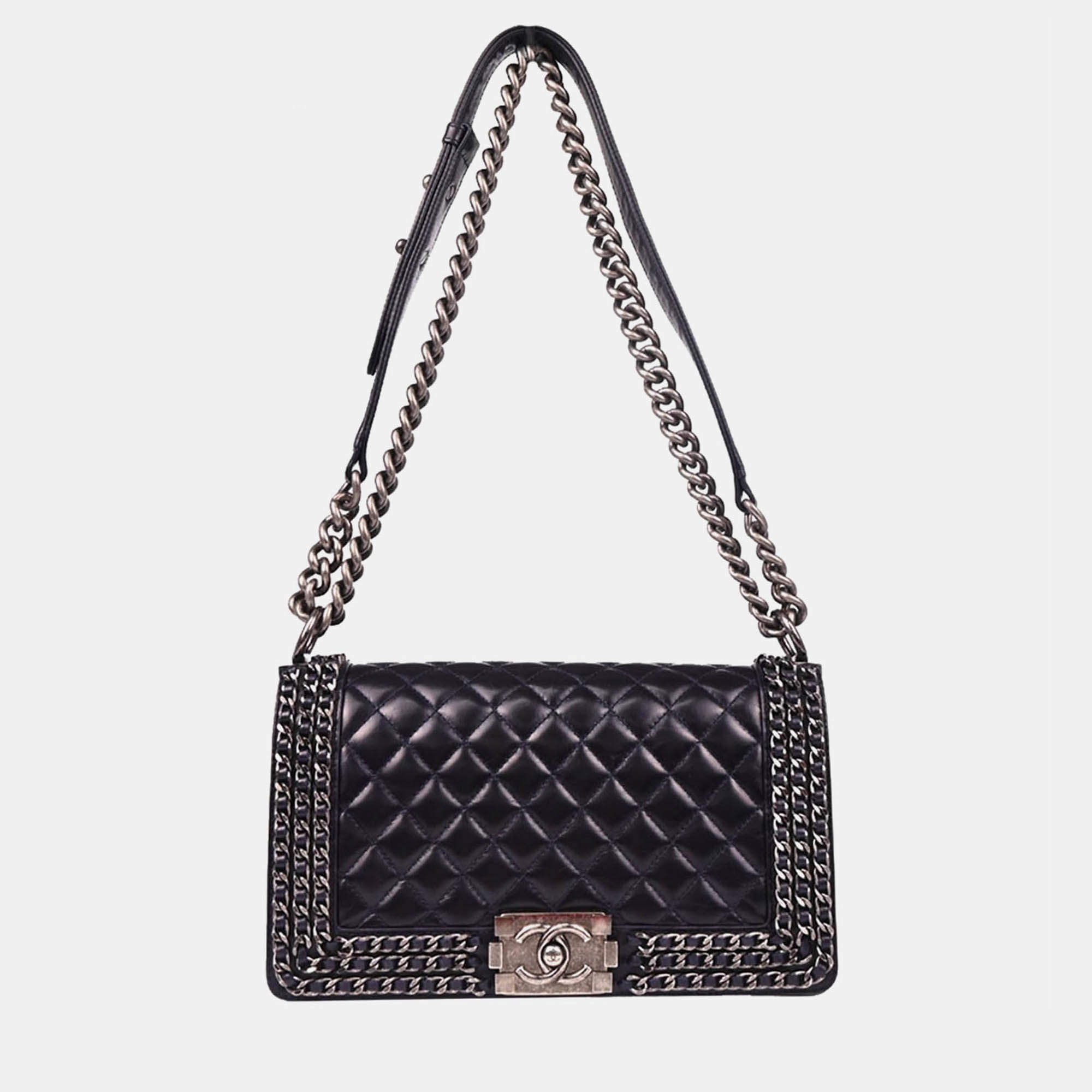 Pre Owned Boy Chanel Dark Navy Calfskin Medium Shoulder Bag