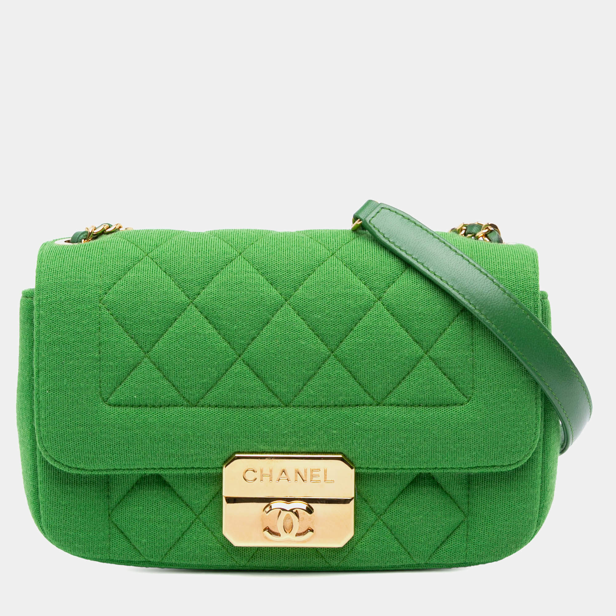 Pre Owned Chanel Green Mini Jersey Chic With Me Flap