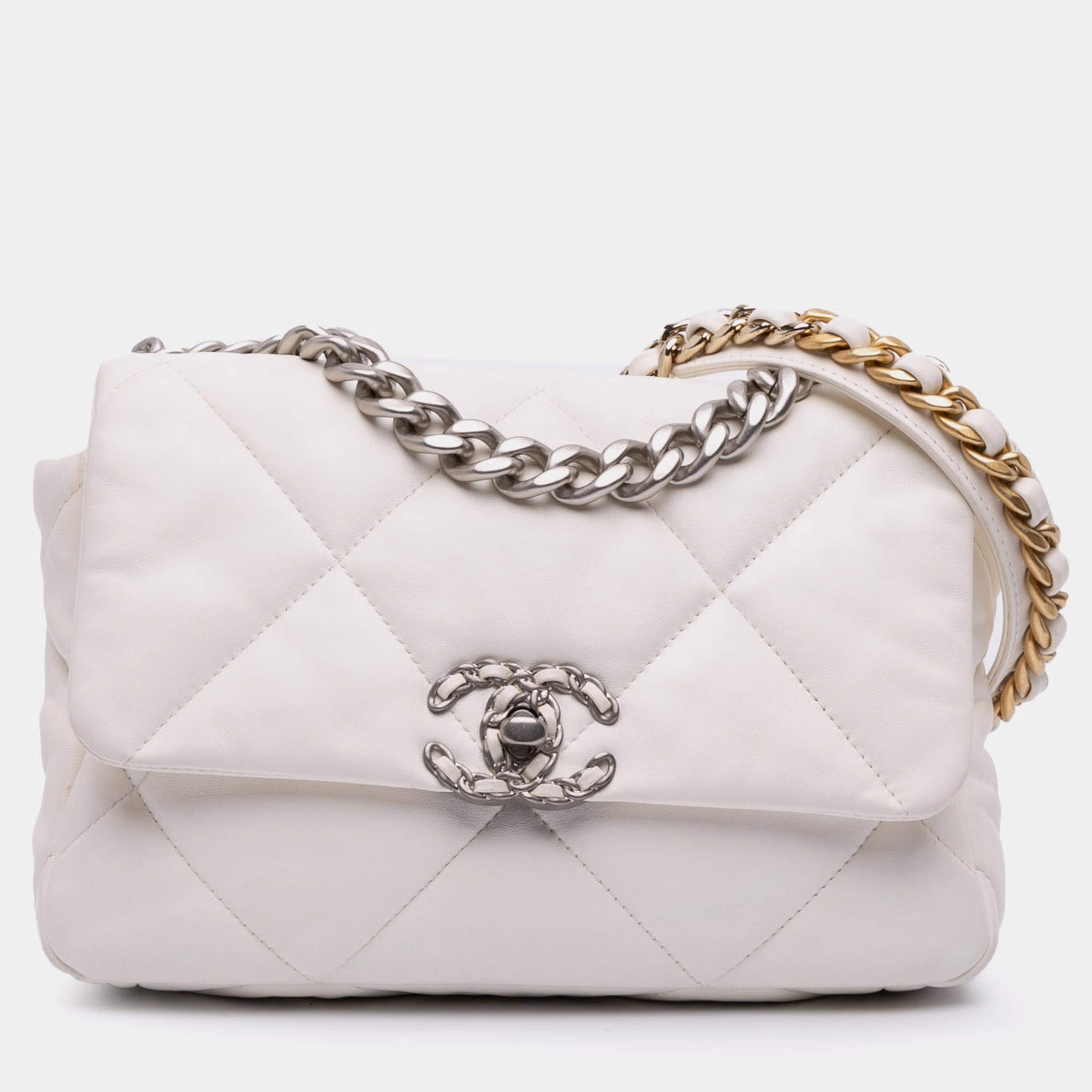 Pre Owned Chanel White Medium Lambskin 19 Flap