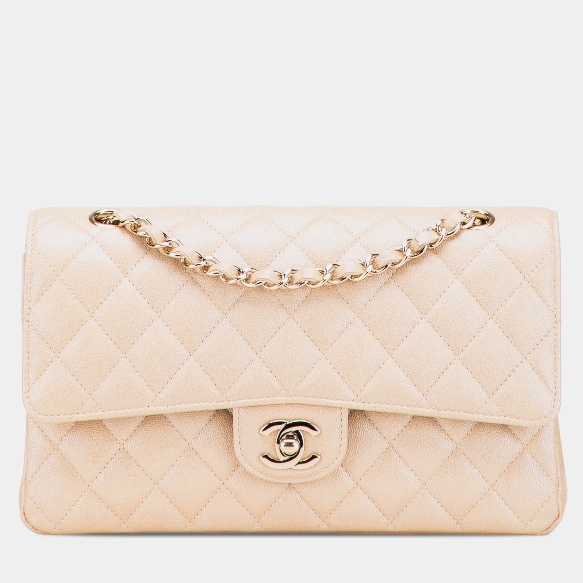 Pre Owned Chanel Beige Medium Classic Iridescent Caviar Double Flap Bag