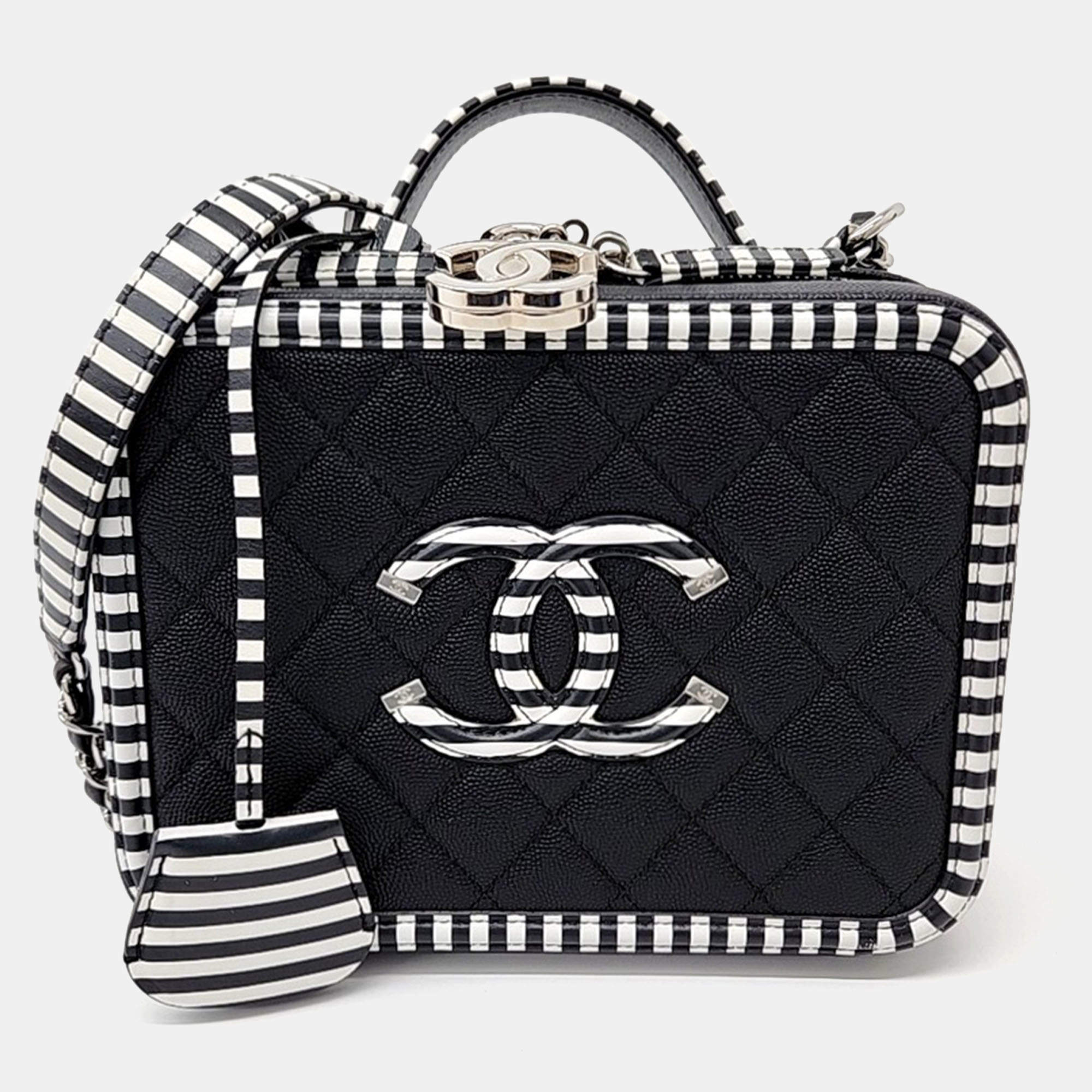 Pre Owned Chanel Black White Leather Caviar Cosmetic Tote and Shoulder Bag