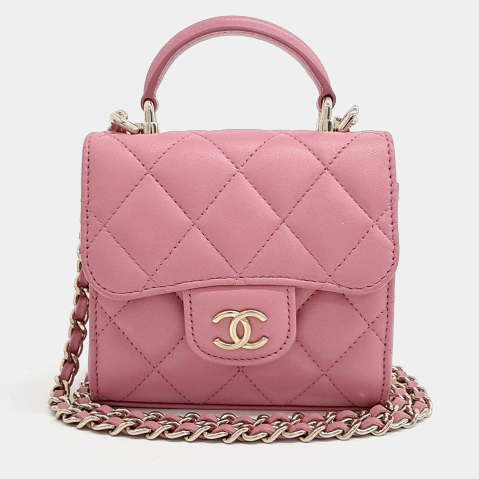 Pre Owned Chanel Pink Leather Top Handle Mini Chain Crossbody Bag