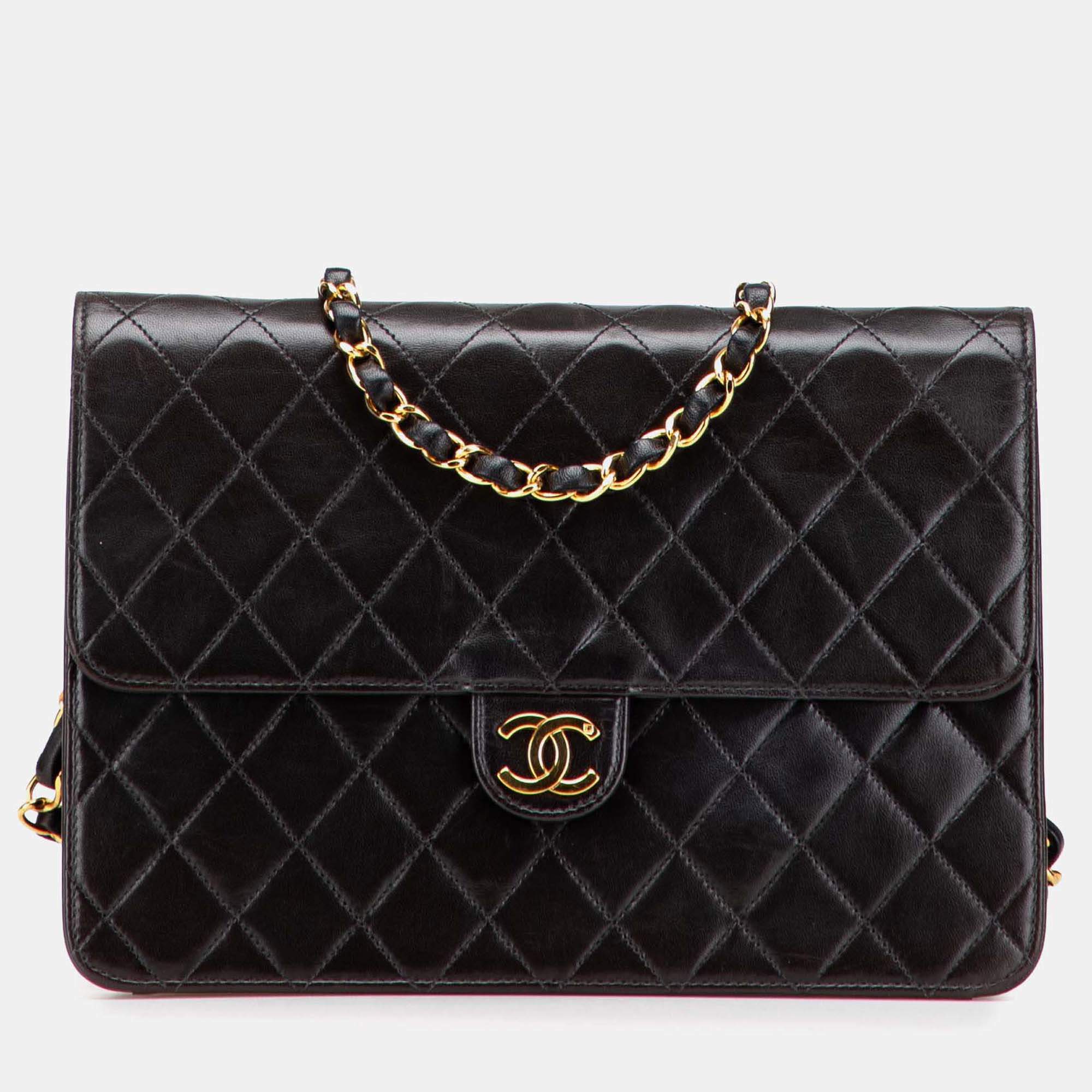 Pre Owned Chanel Black Medium CC Quilted Lambskin Half Single Flap