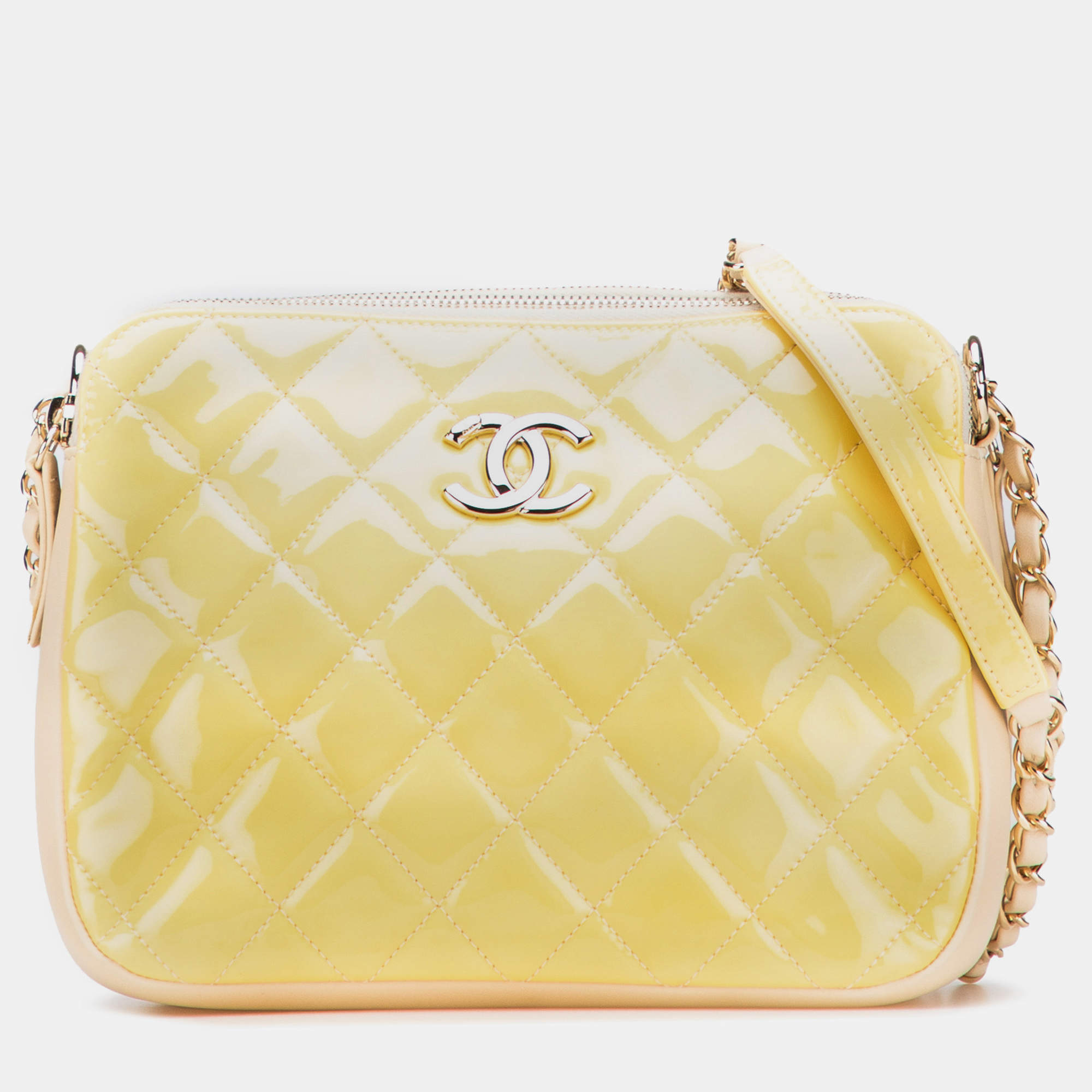 Pre Owned Chanel Yellow Quilted Patent Chain Double Zip Crossbody