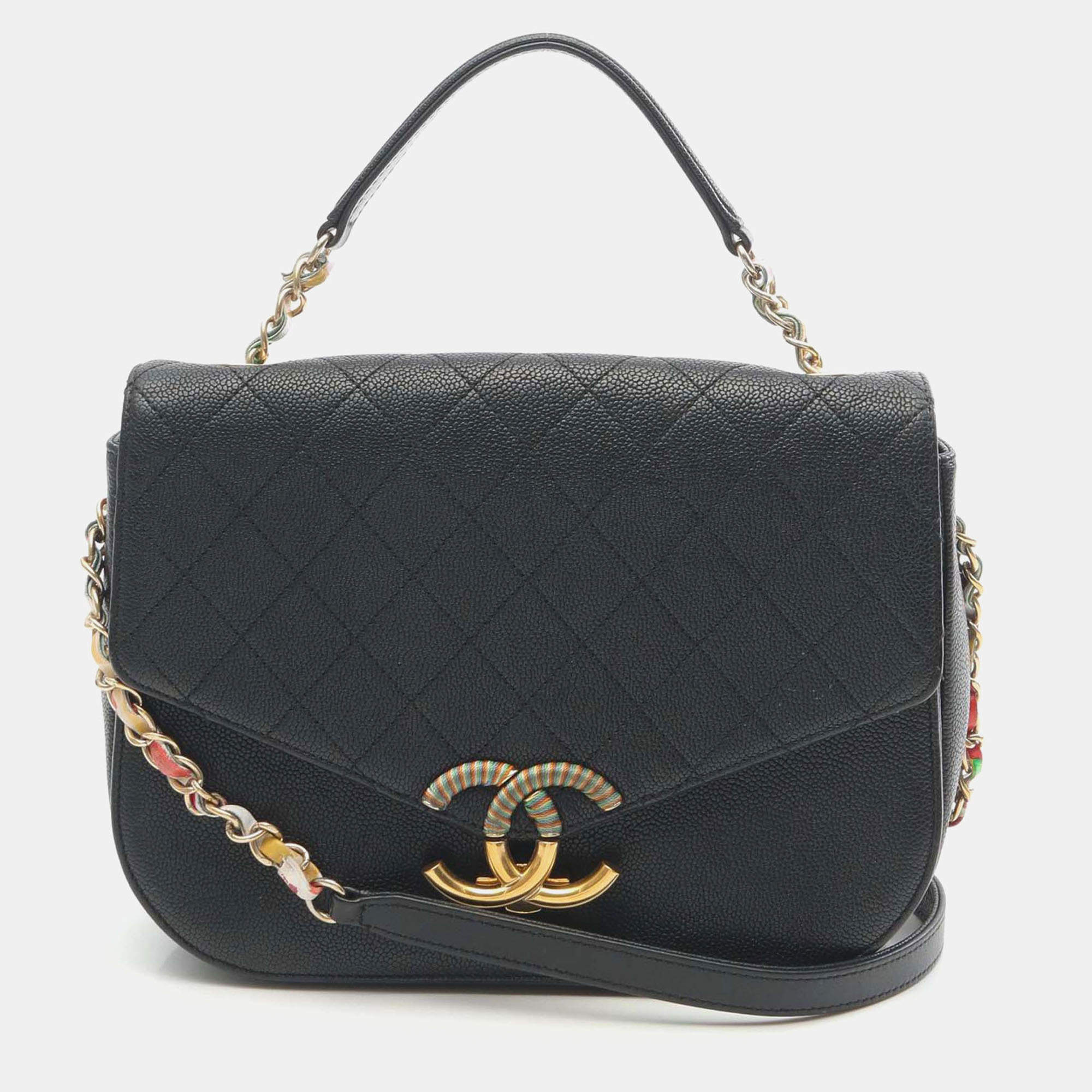 Pre Owned Chanel Black Medium Caviar Paris Cuba Thread Around Flap
