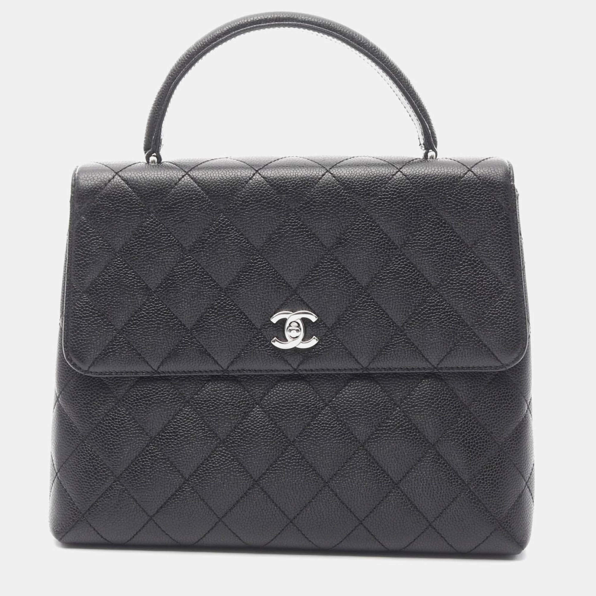 Pre Owned Chanel Kelly Logo Black Calfskin Leather Handbag