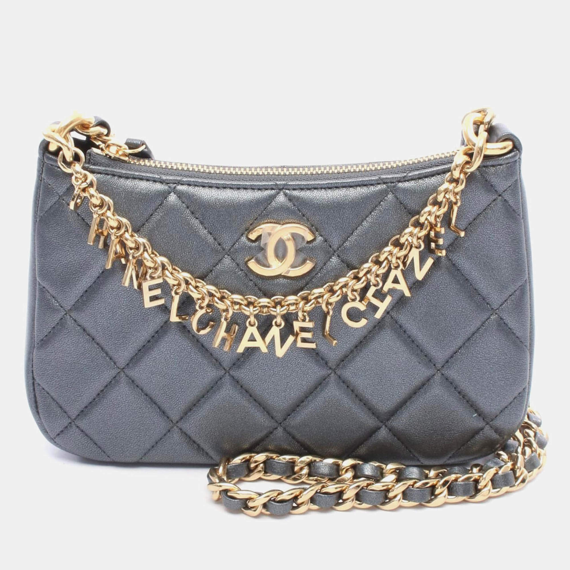 Pre Owned Chanel Matelasse Cc Logo Crossbody Chain Shoulder Bag Lambskin Gray Ghw