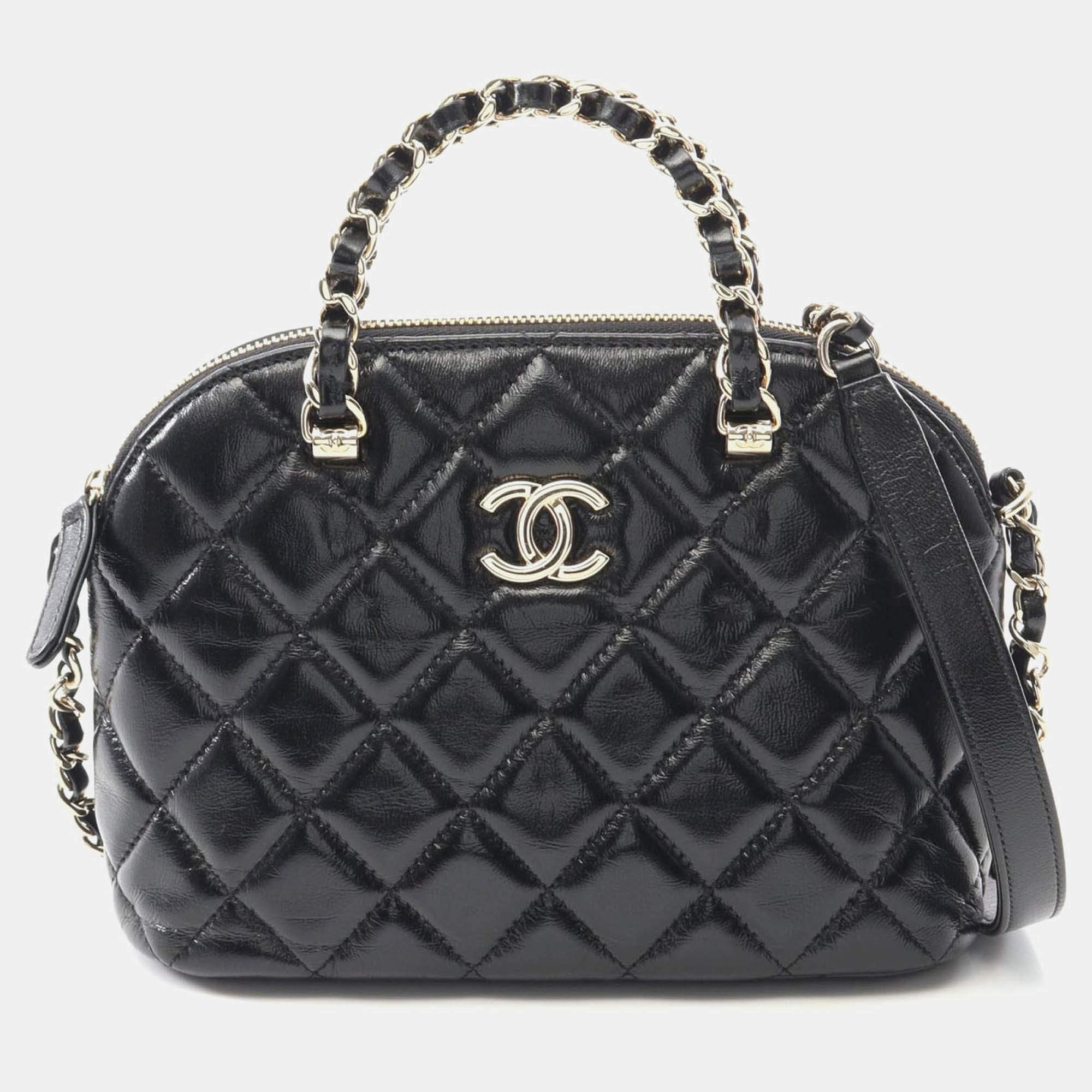 Pre Owned Chanel Matelasse 2Way Chain Shoulder Handbag Shiny Lambskin Black Ghw
