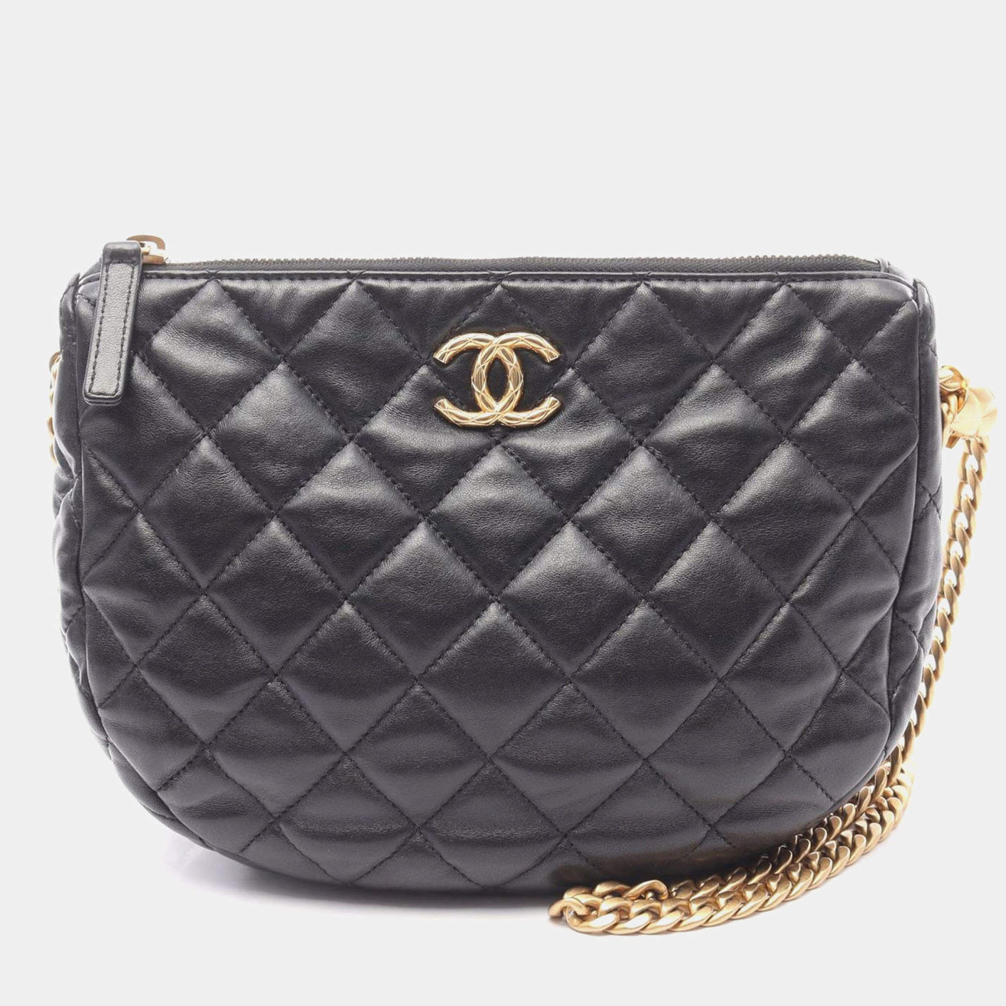 Pre Owned Chanel Matelasse Small Hobo Chain Shoulder Bag Lamb Sheep Leather Black Ghw