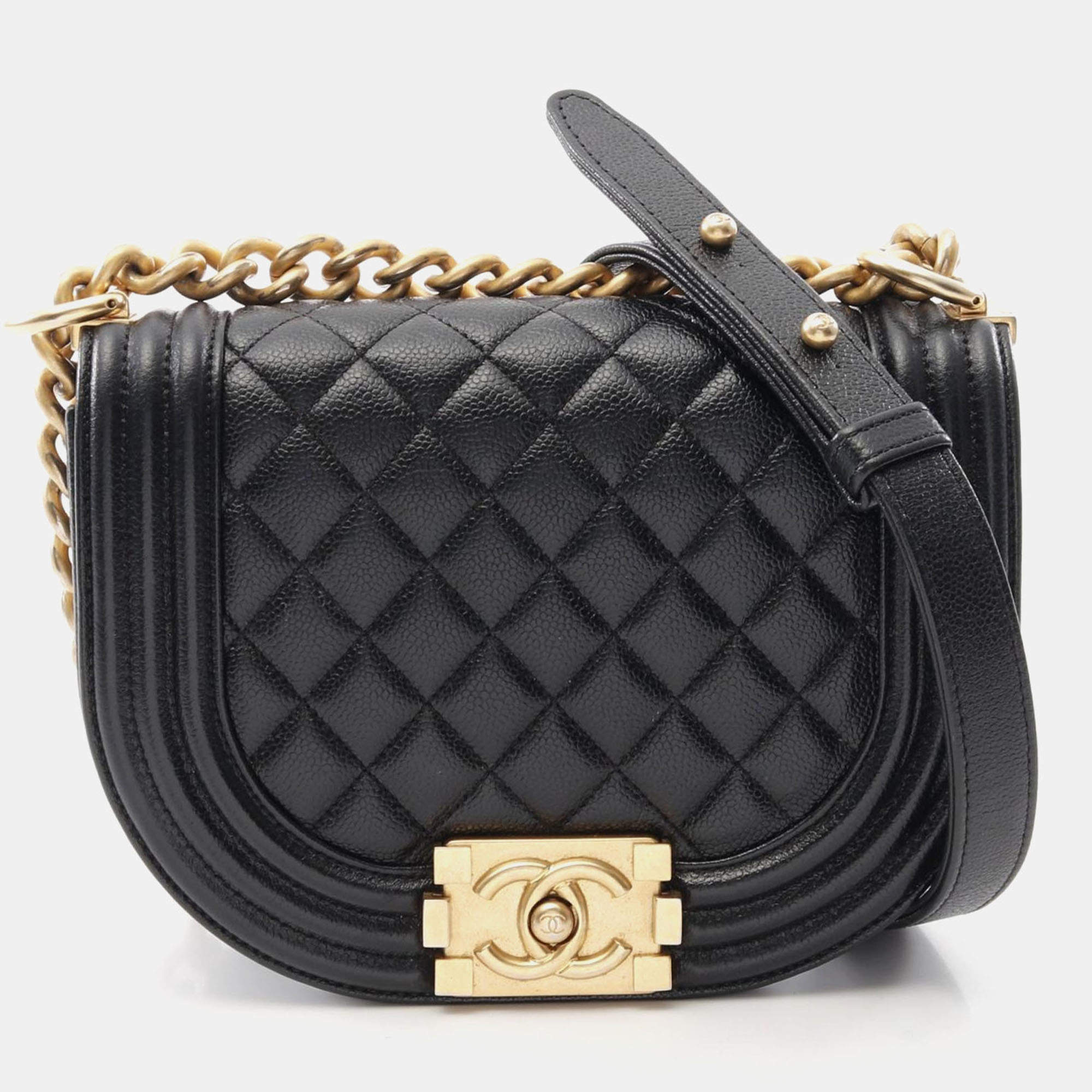 Pre Owned Chanel Boy Chanel Chain Shoulder Bag  Grained Calfskin Black Ghw Cc
