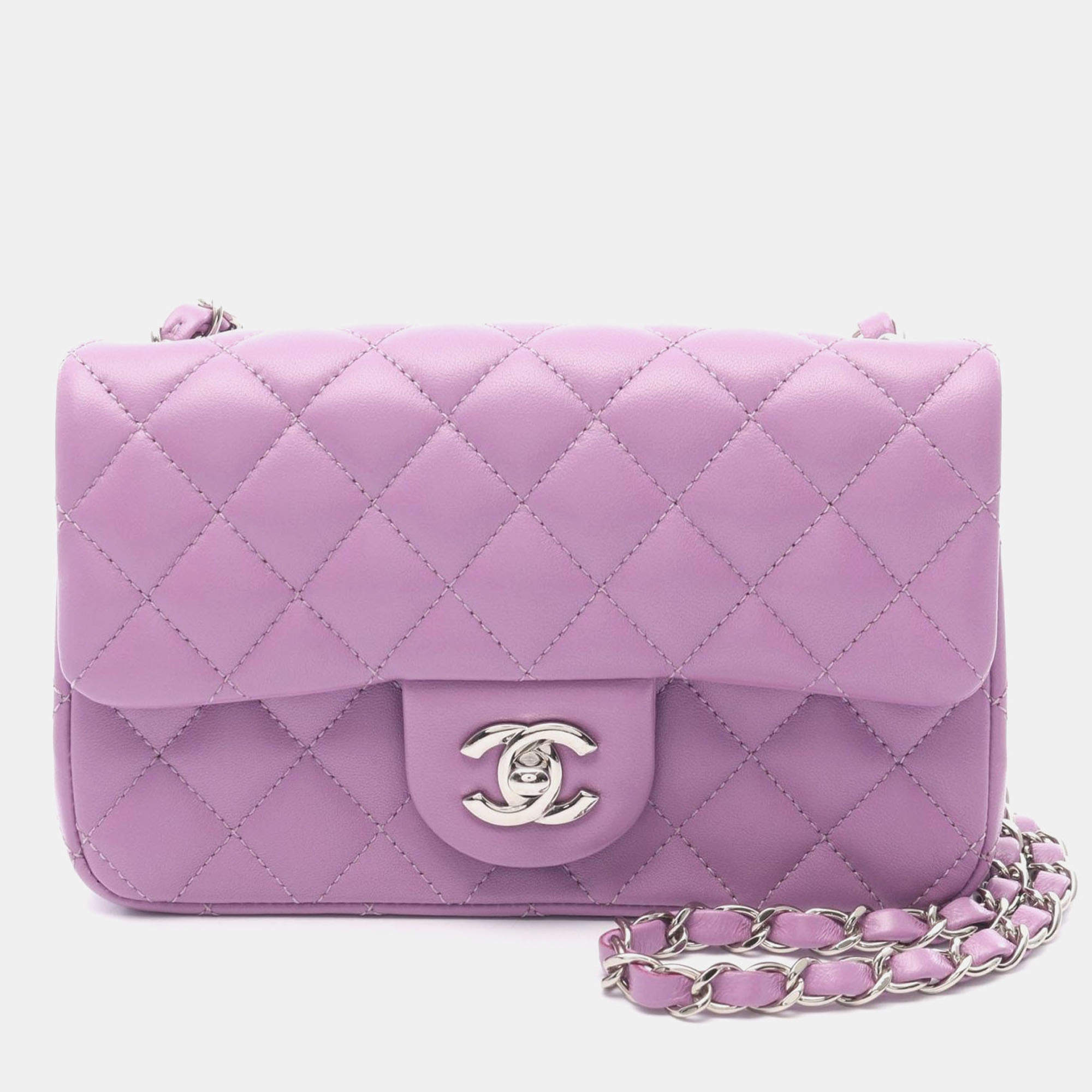 Pre Owned Chanel Mini Purple Lambskin Chain Shoulder Bag