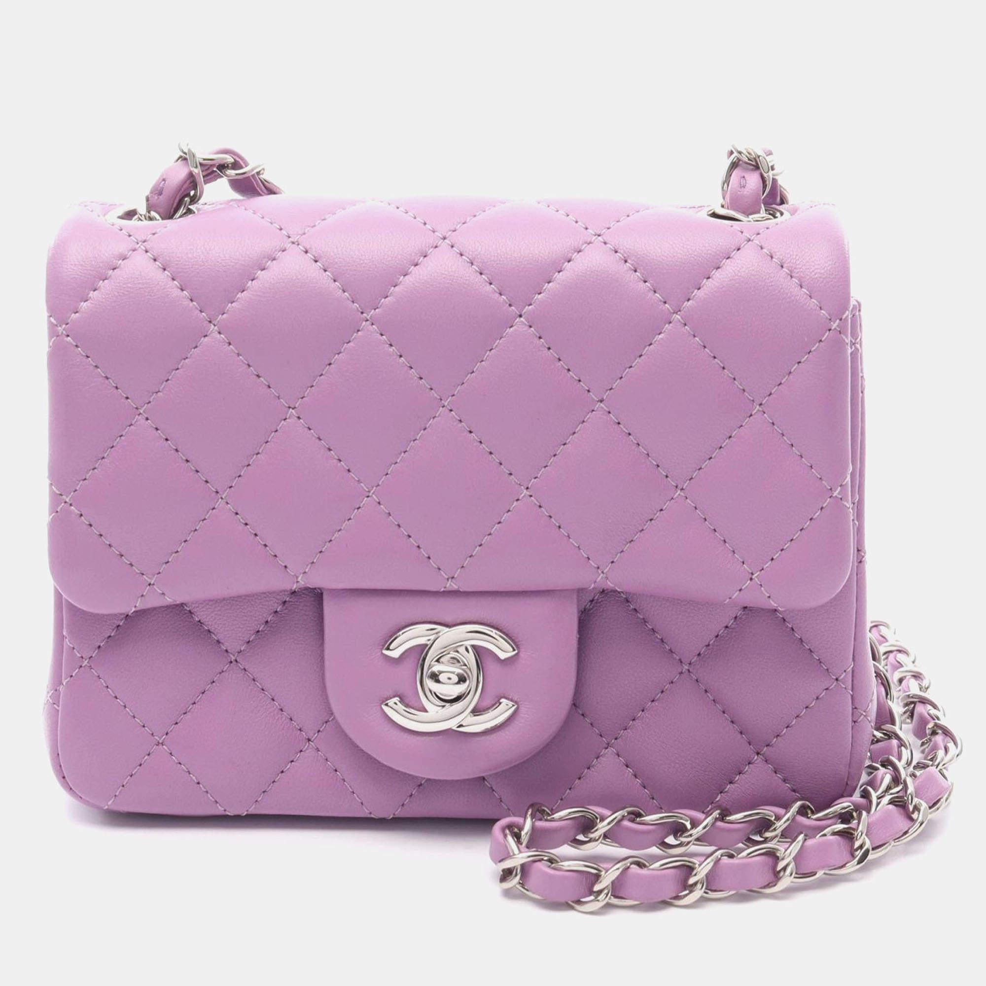 Pre Owned Chanel Mini Matelasse Chain Shoulder Bag  Lamb Sheep Leather Purple