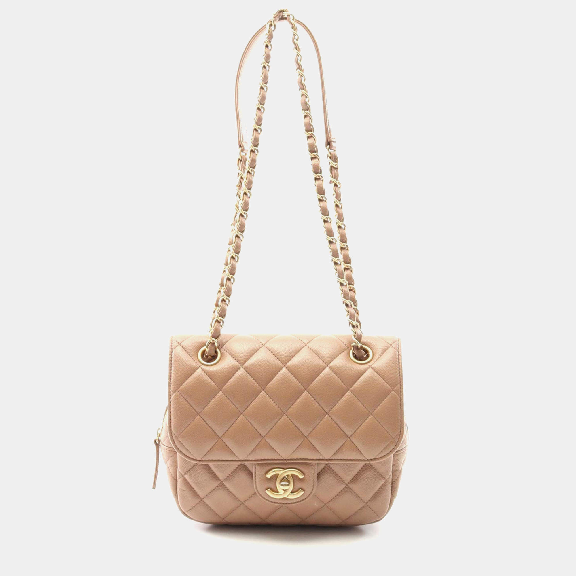 Pre Owned Chanel Matelasse Chain Shoulder Bag Calfskin Beige Ghw