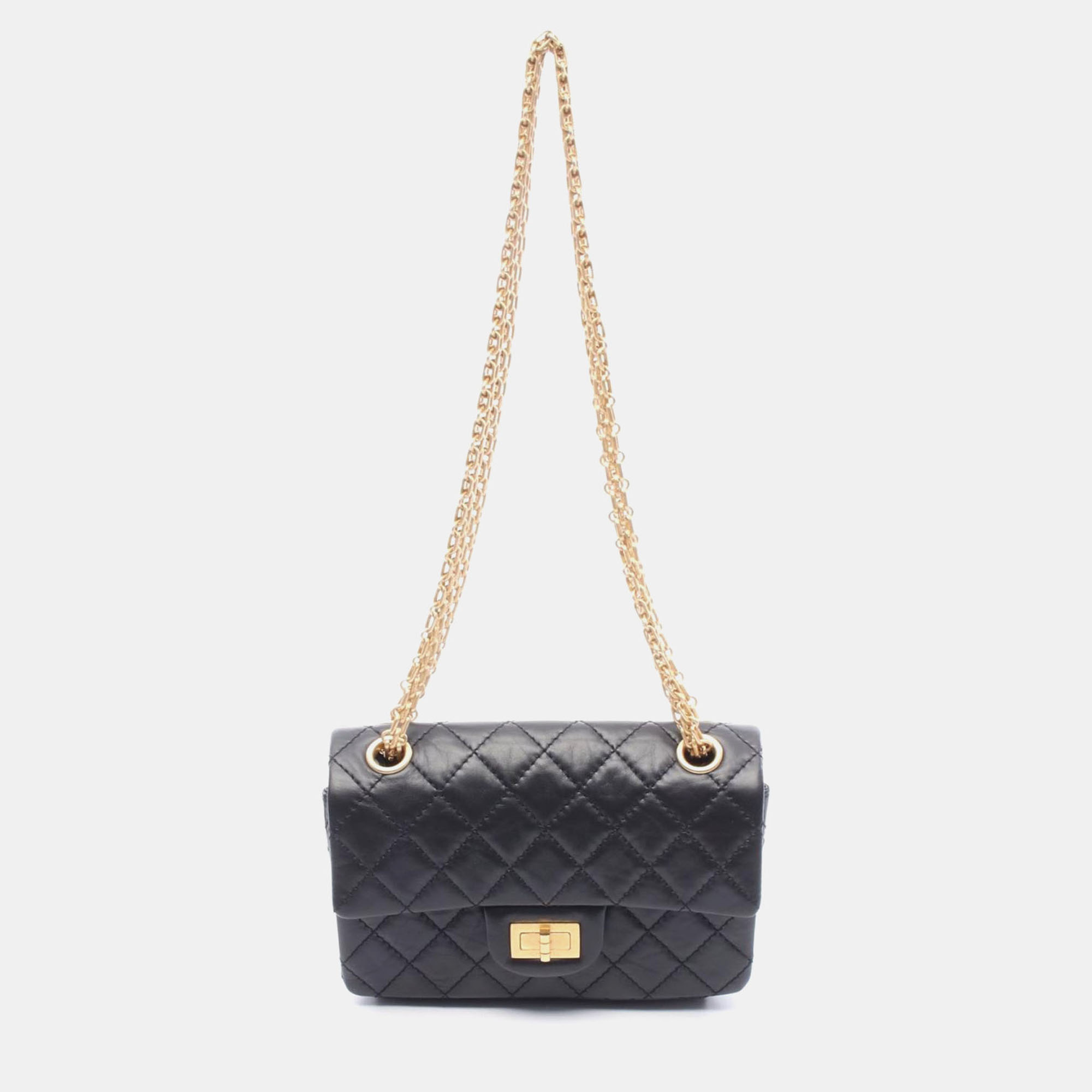 Pre Owned Chanel 2.55 Mini Matelasse Chain Shoulder Bag  Leather Black Ghw Cc