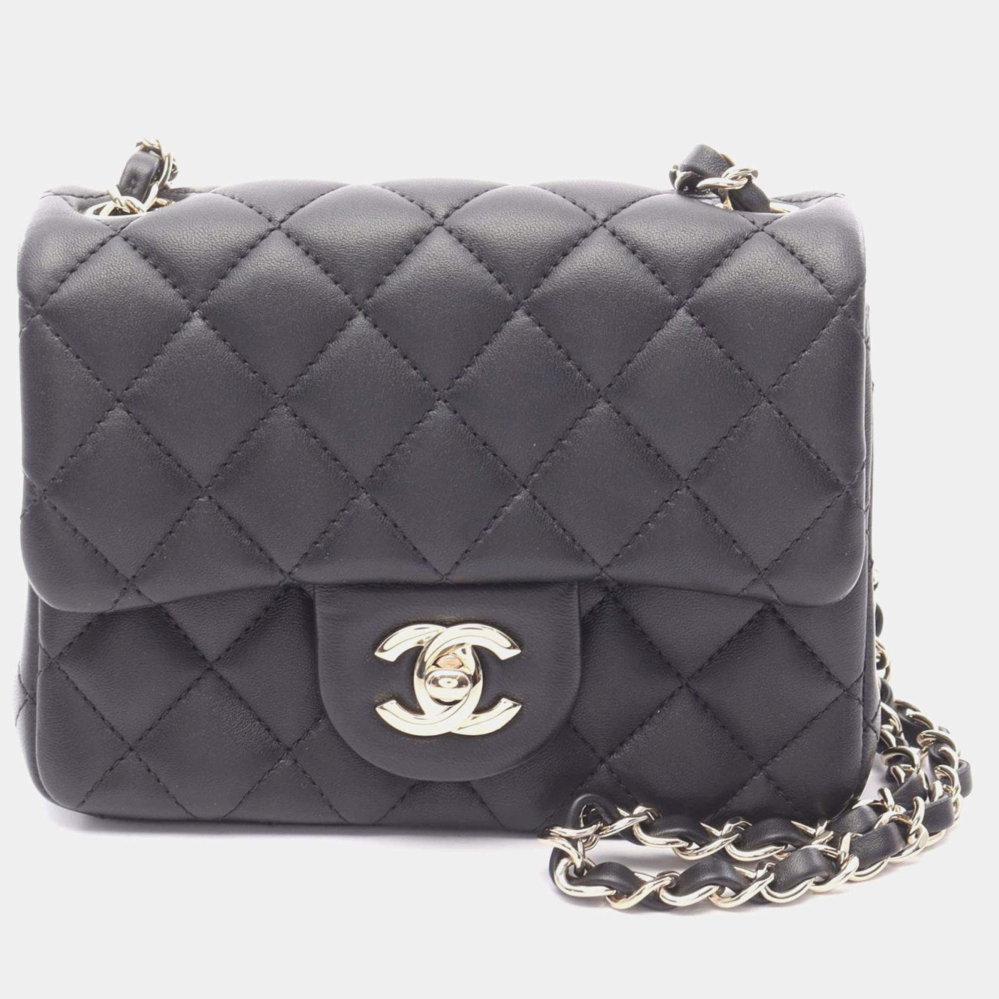 Pre Owned Chanel Mini Matelasse Chain Shoulder Bag  Lamb Leather Black Ghw Cc
