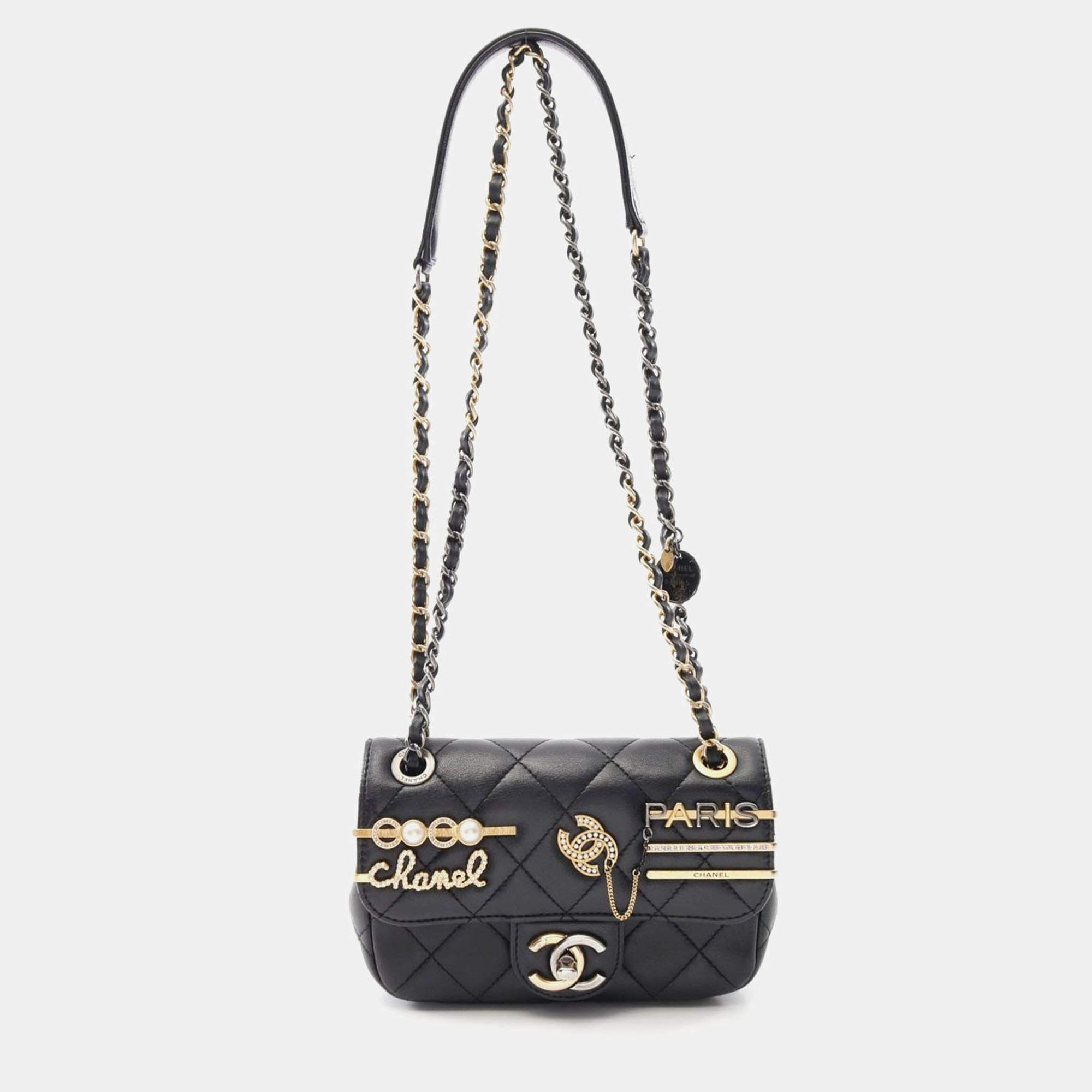 Pre Owned Chanel Matelasse Chain Shoulder Bag  Lamb Sheep Leather Black