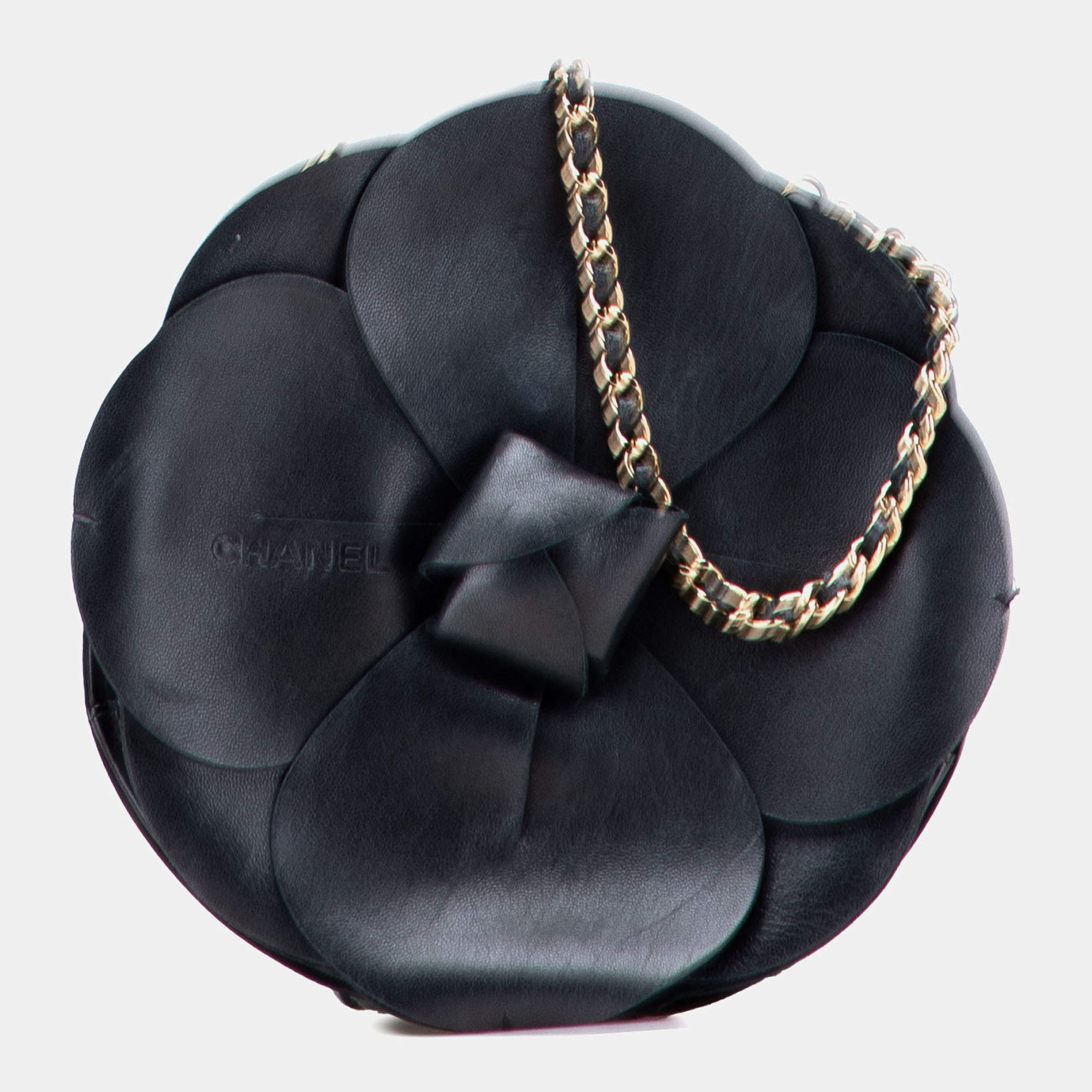 Pre Owned Chanel Black Lambskin and Satin Camellia Flower Evening Bag