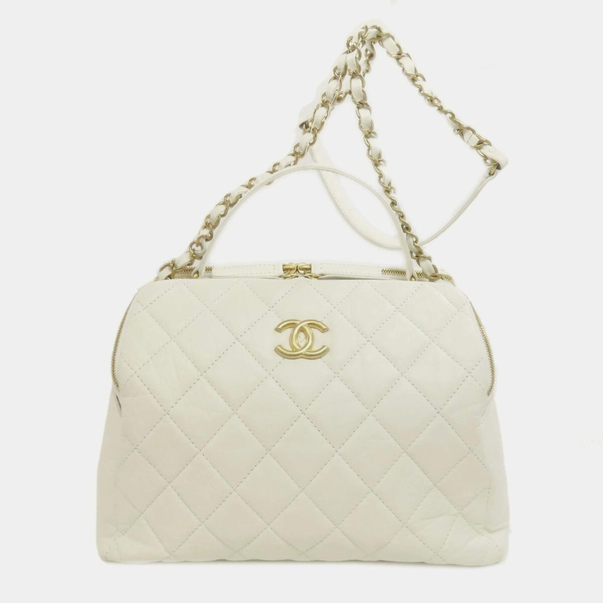 Pre Owned Chanel Cube Vanity White Leather Shoulder Bag 