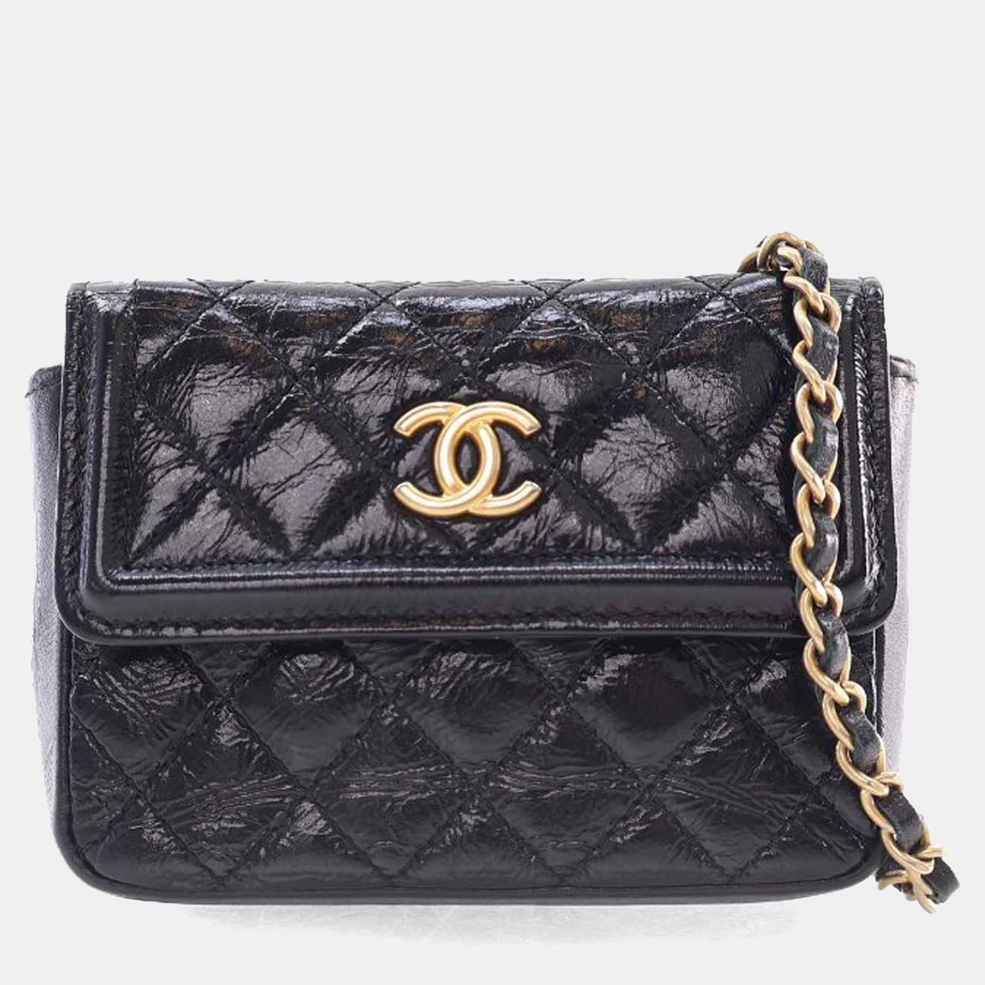 Pre Owned Chanel Black Quilted Shiny Aged Calfskin Waist Belt Bag