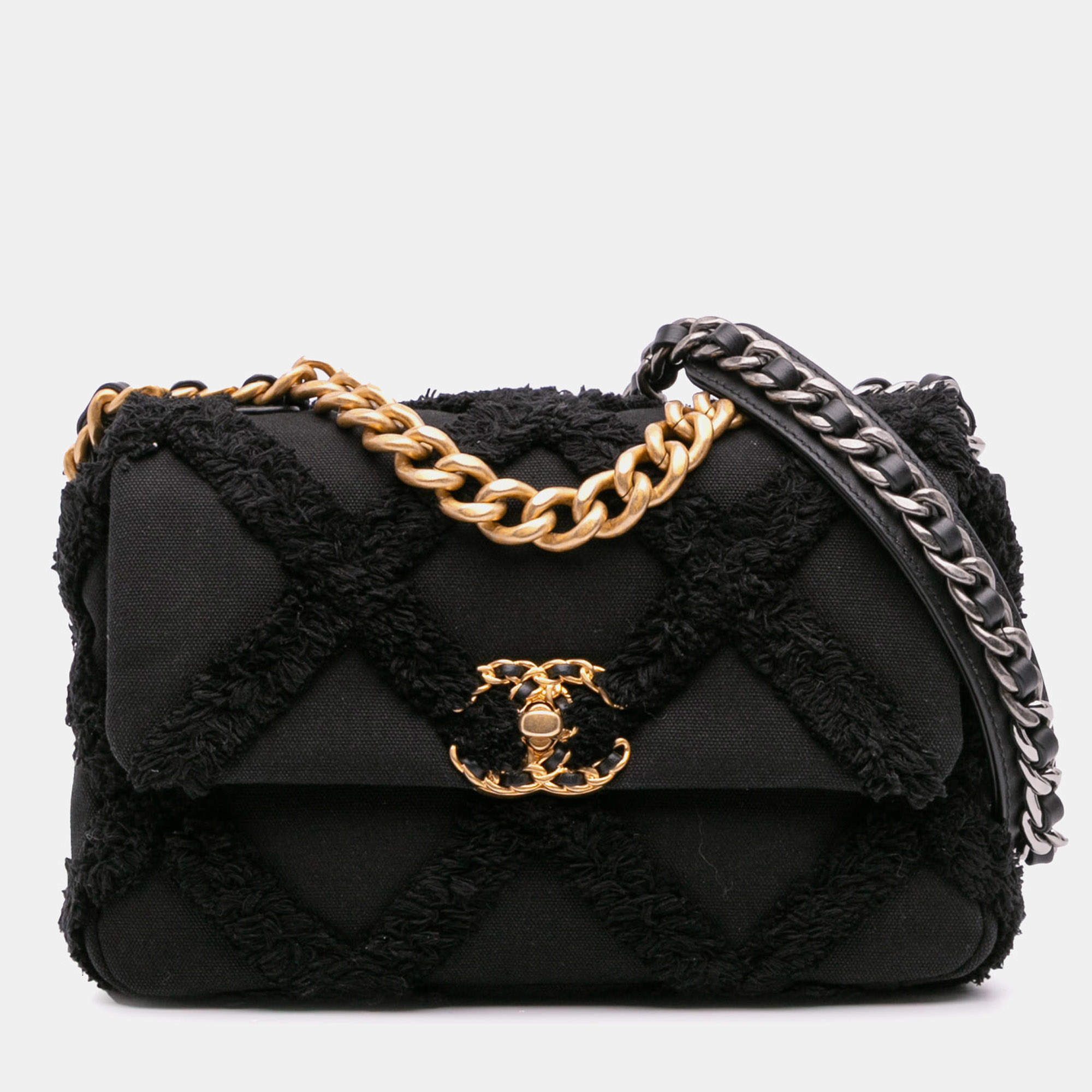 Pre Owned Chanel Black Medium Canvas and Cotton 19 Flap