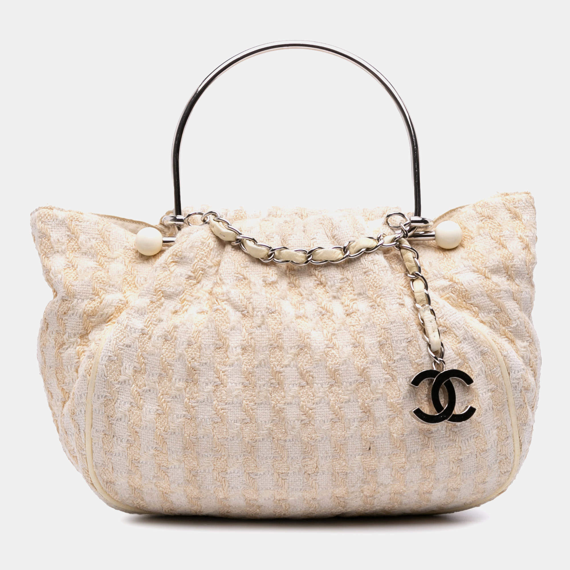 Pre Owned Chanel White Tweed Boucle Knitting Top Handle Bag