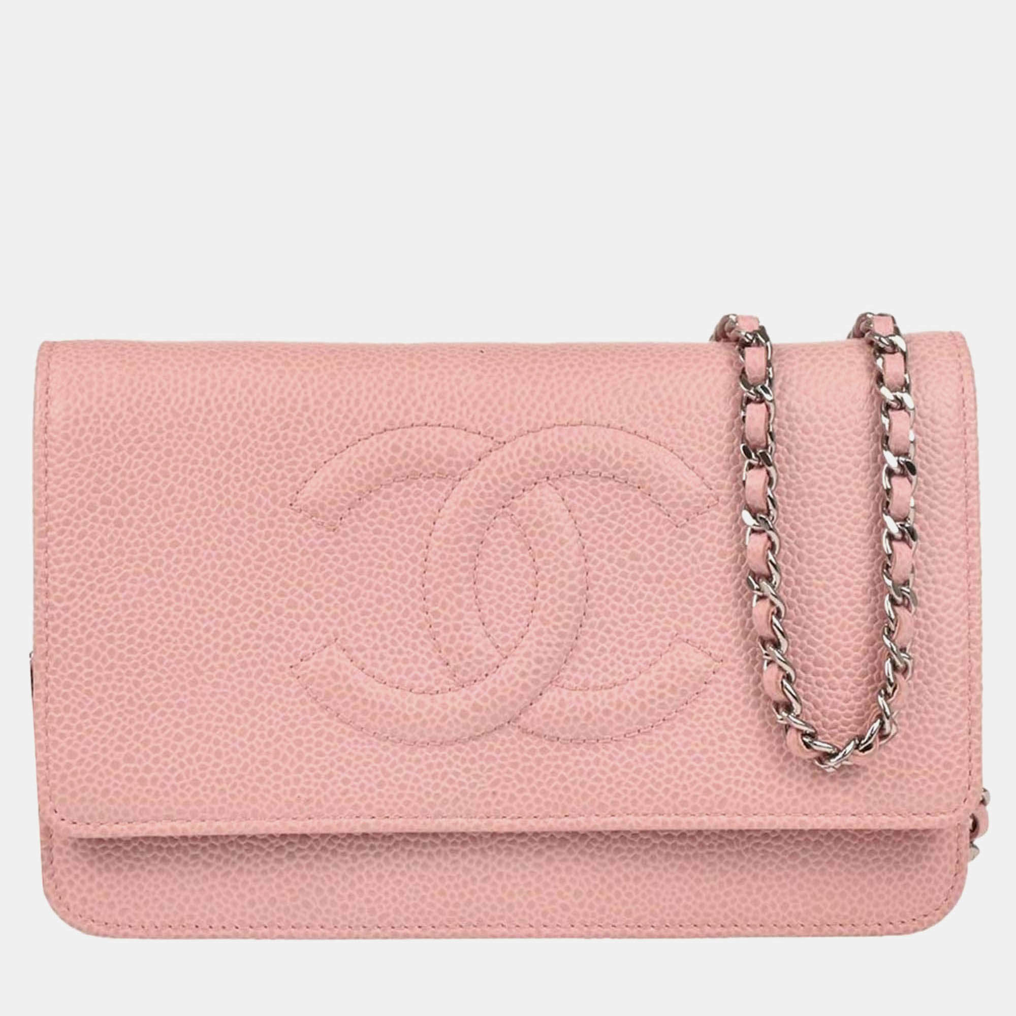 Pre Owned Chanel Timeless Pink Caviar Leather Wallet on Chain